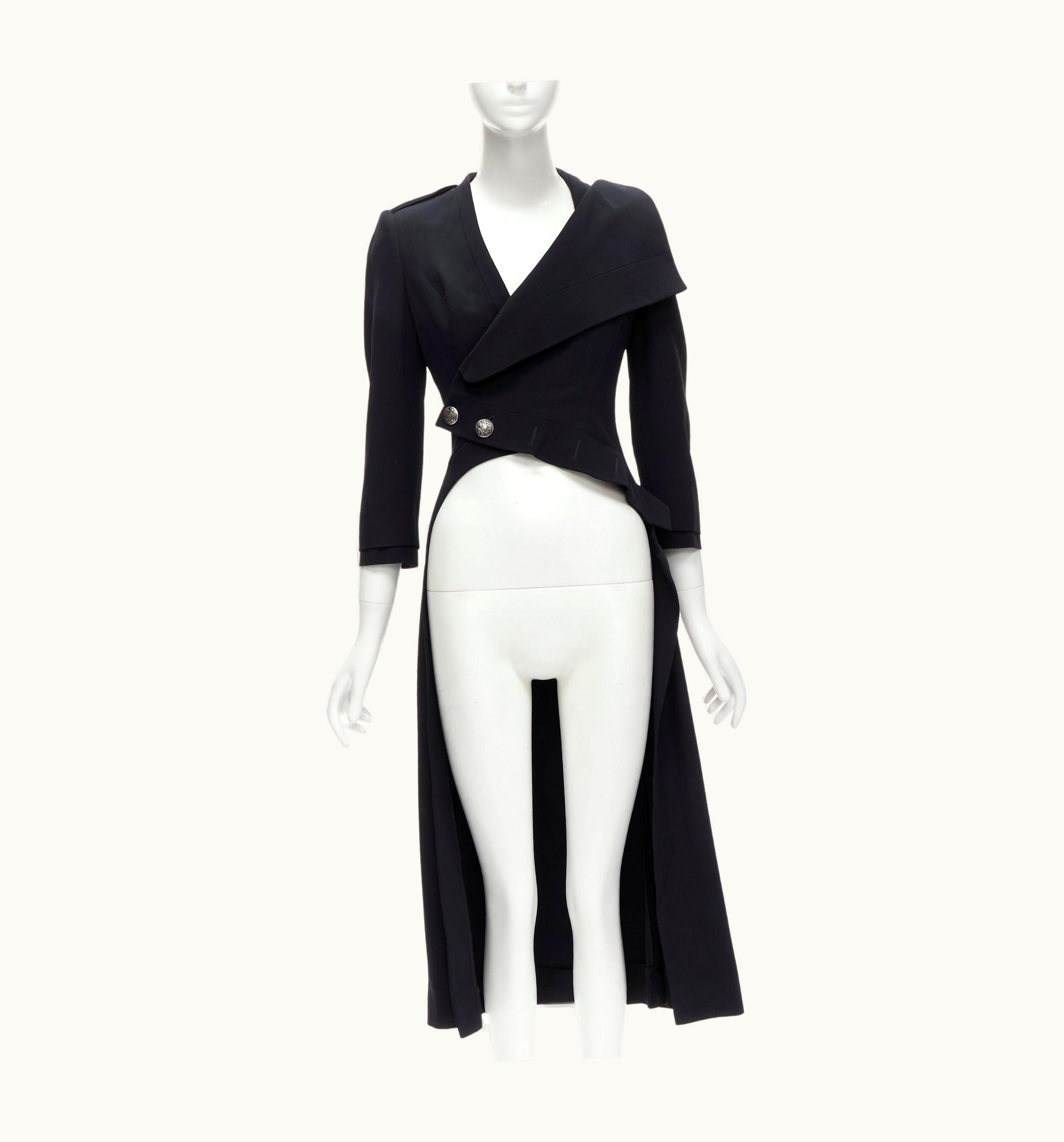 Alexander McQueen 2015 Black Draped Wrap Collar High Low Evening Coat