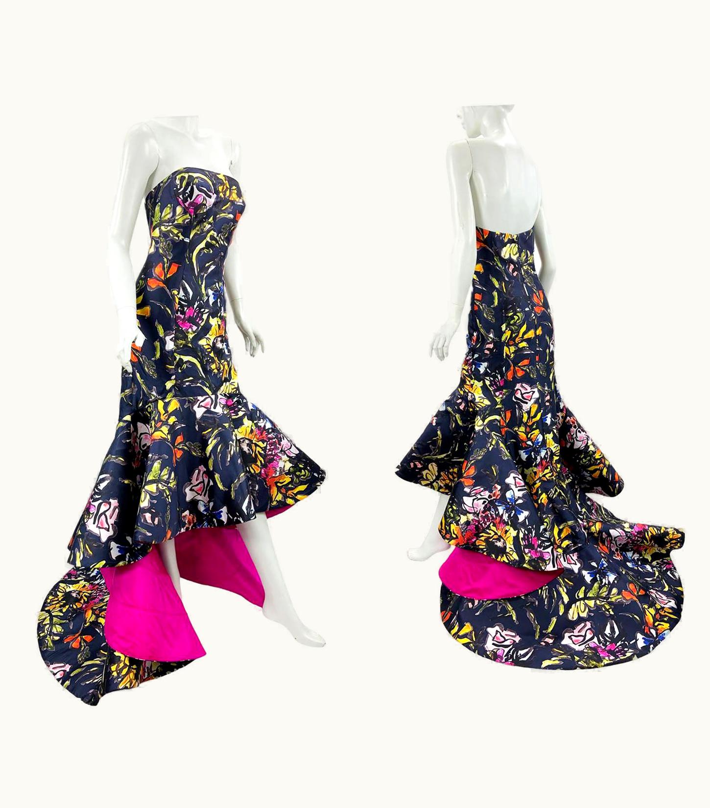 Oscar De La Renta Pf 2015 Floral Printed High-Low Corset Dress Gown Us