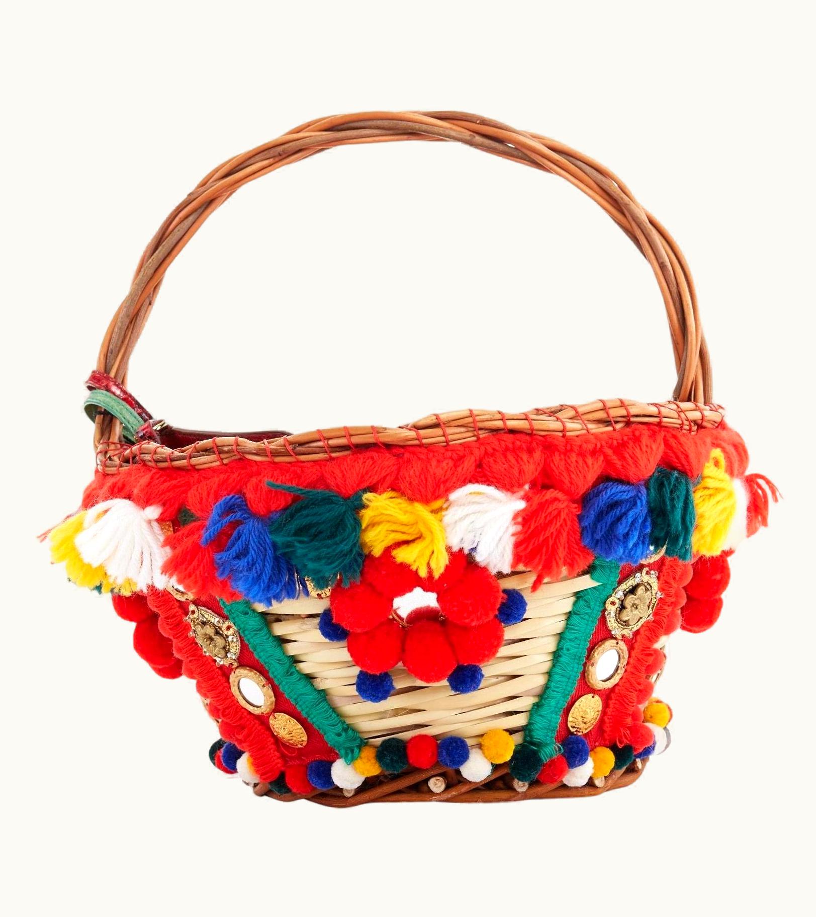 Dolce & Gabbana Dolce Gabbana 2016 Red Pom Embellished Wicker Basket Pouch Bag