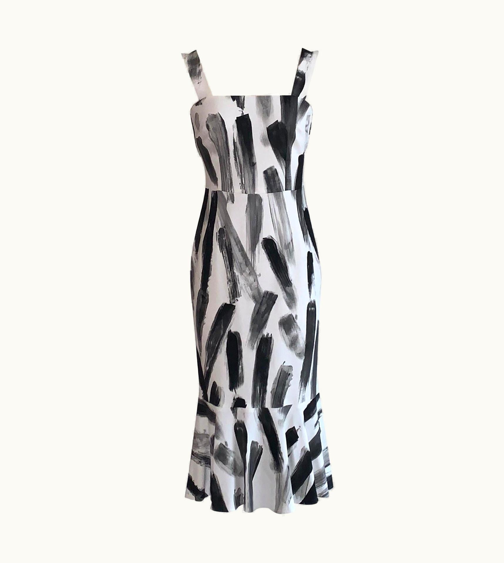 Dolce & Gabbana 2016 Runway White And Black Paint Stroke Print Cady Dress