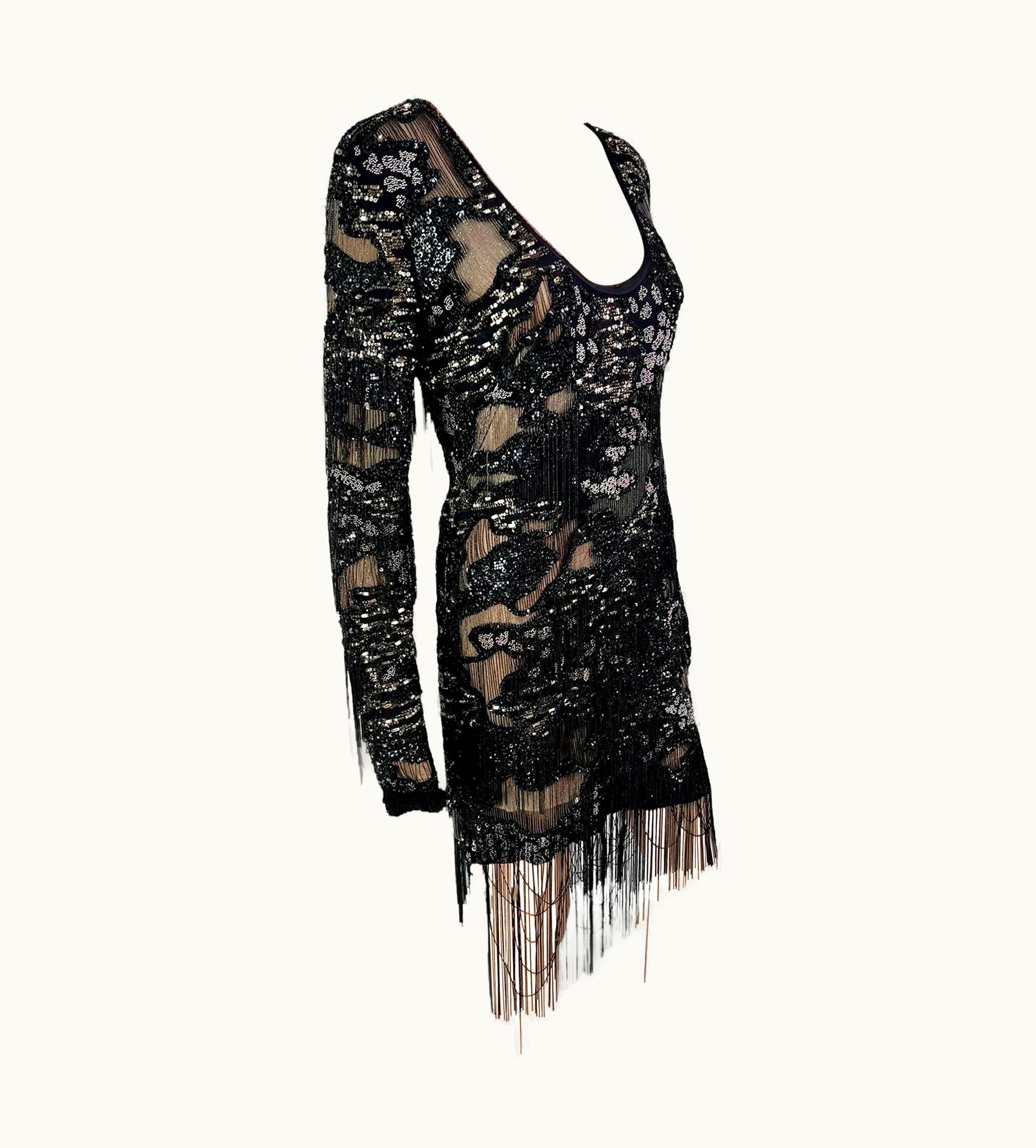 Roberto Cavalli S/S 2016 Runway Embellished Chain Sheer Black Mini Evening Dress UZ0603558