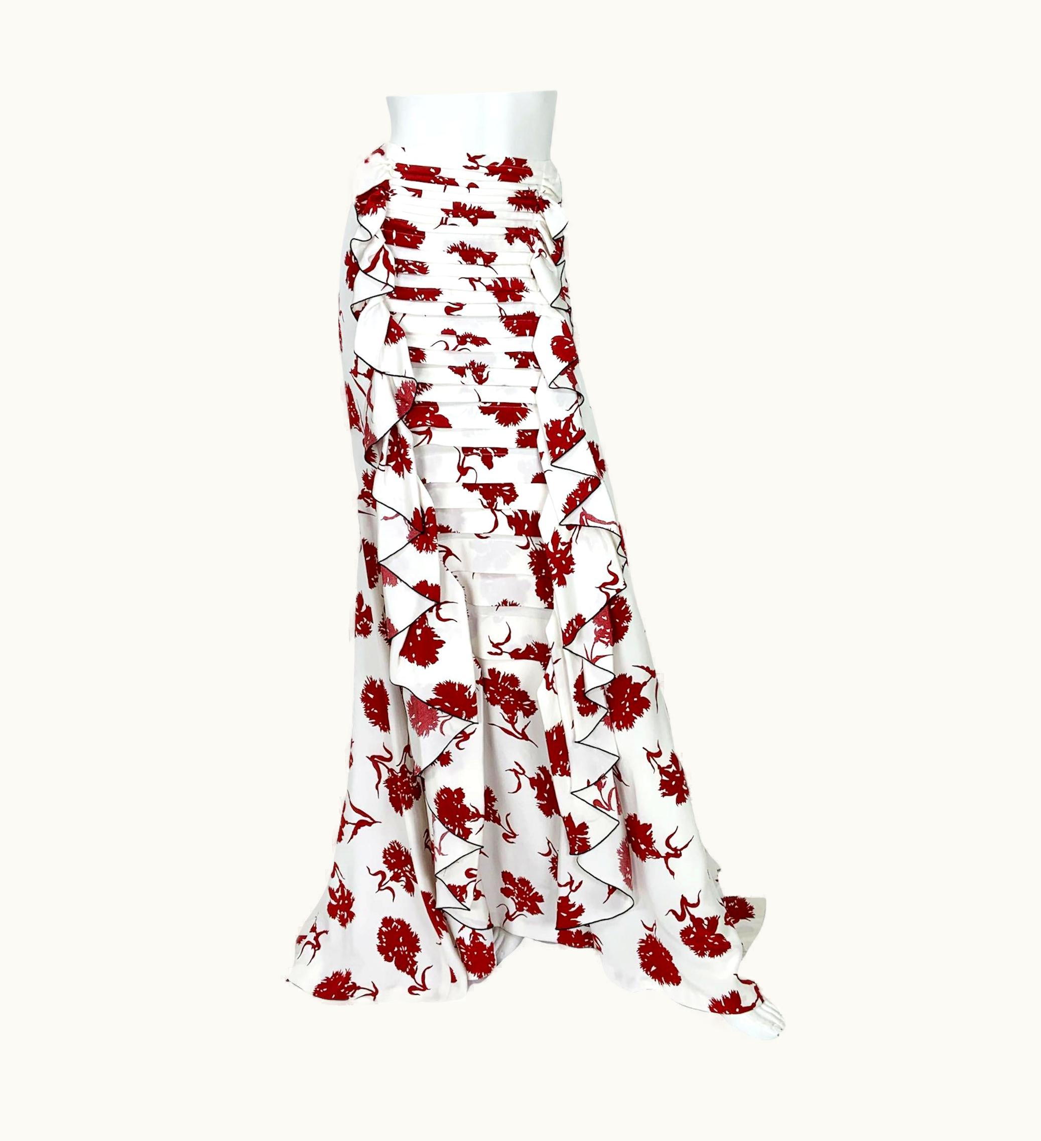Oscar De La Renta S/S 2016 Runway White Burgundy Silk Maxi Skirt