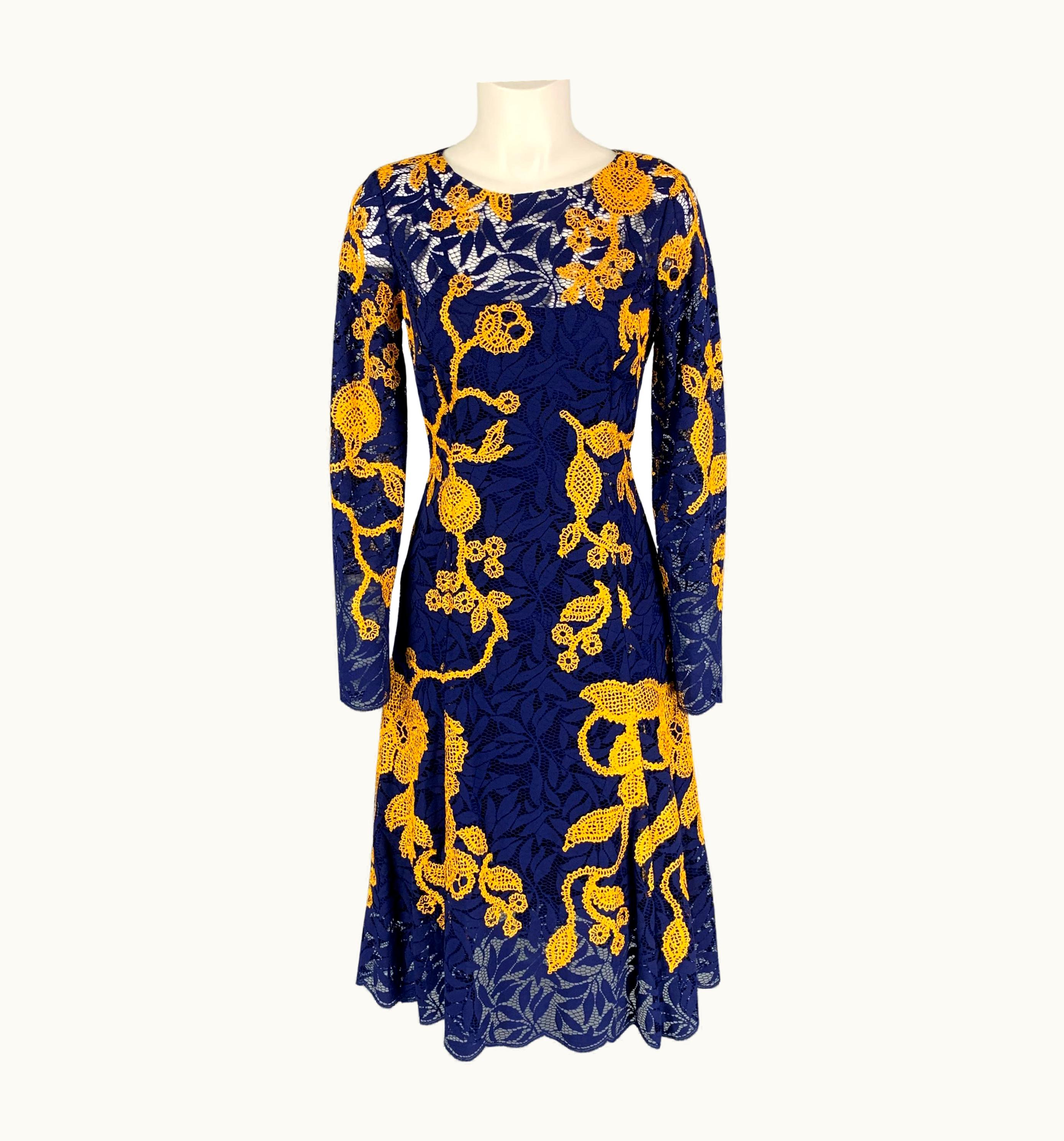Oscar De La Renta Resort 2016 Blue Yellow Cotton Blend Embroidered Dress