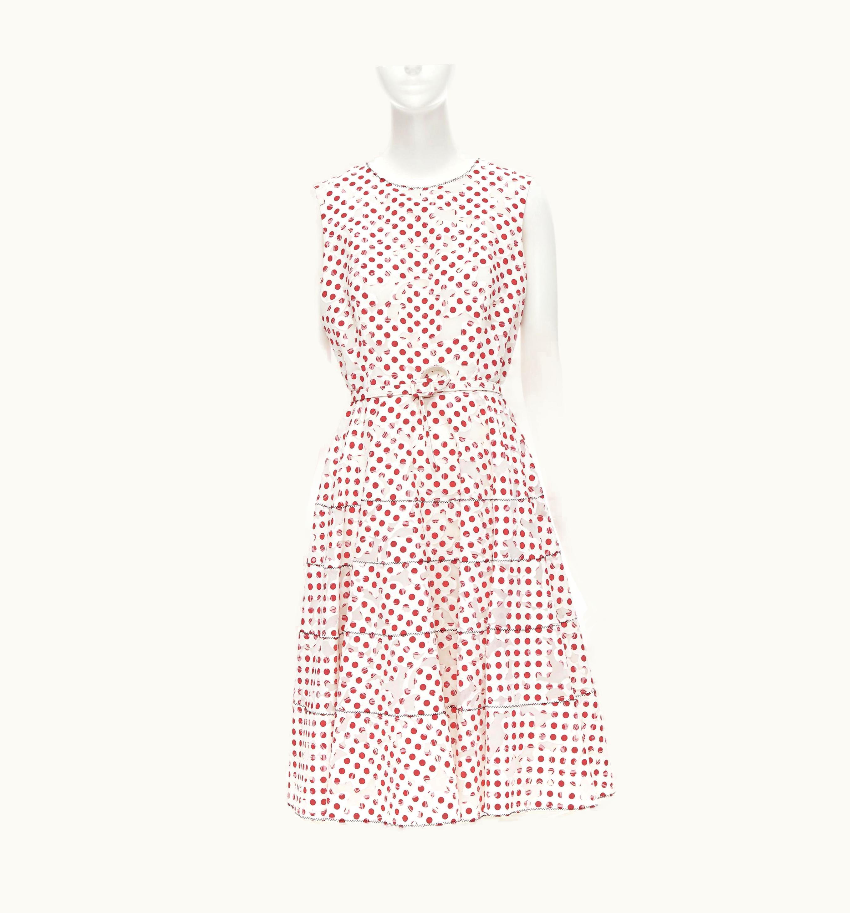 Oscar De La Renta 2016 White Polkadot Floral Burnt Out Devore Belted Dress
