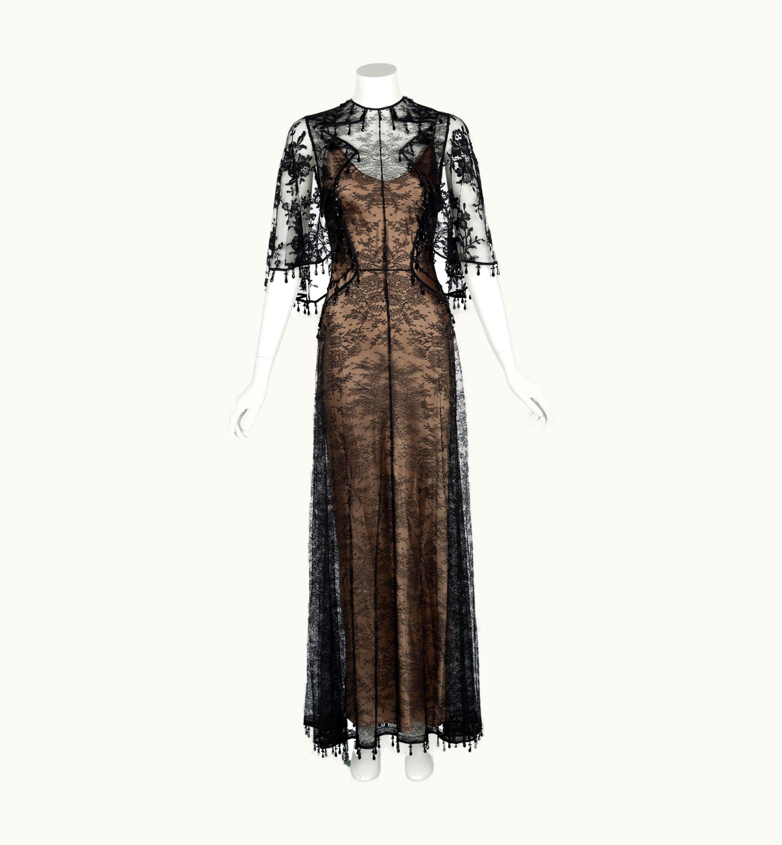 Givenchy Tisci Black Beaded Chantilly Lace Capelet Gown Pre-Fall 2017