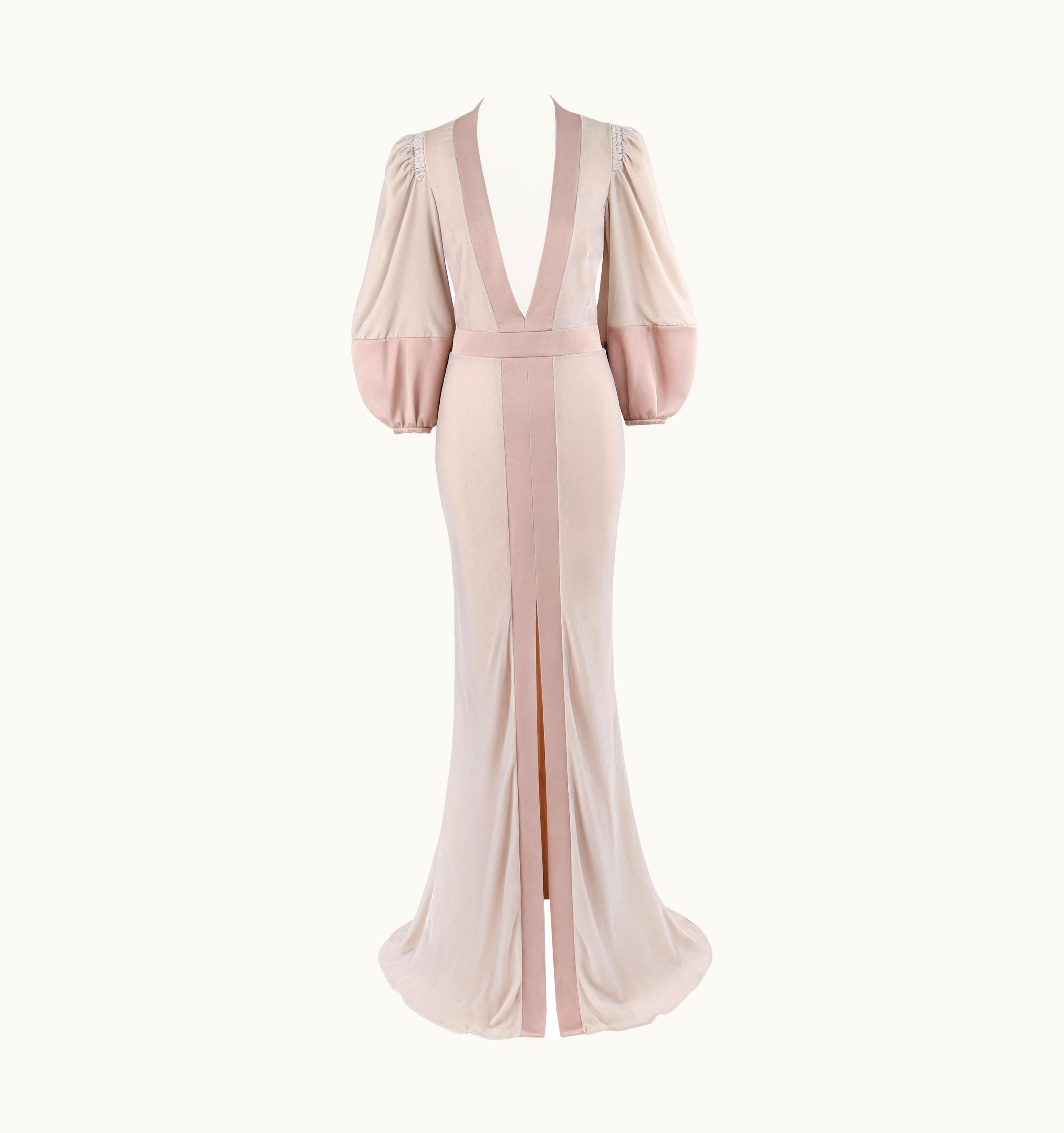 Alexander McQueen C.2017 Dusty Mauve Velvet Silk V-Neck Puff Longsleeve Gown