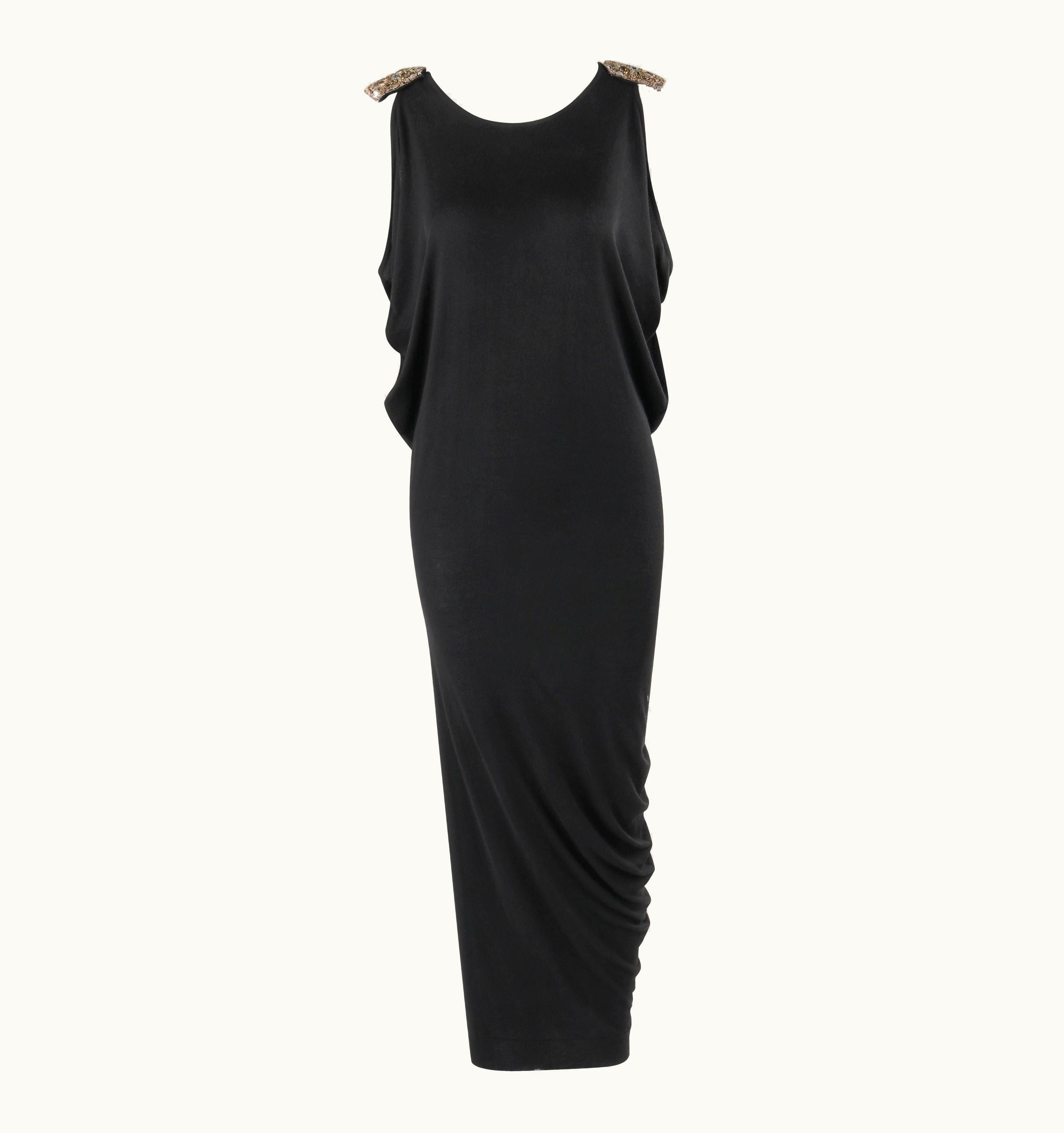 Alexander McQueen S/S 2017 Black Draped Gold Beaded Shoulder Evening Dress Gown