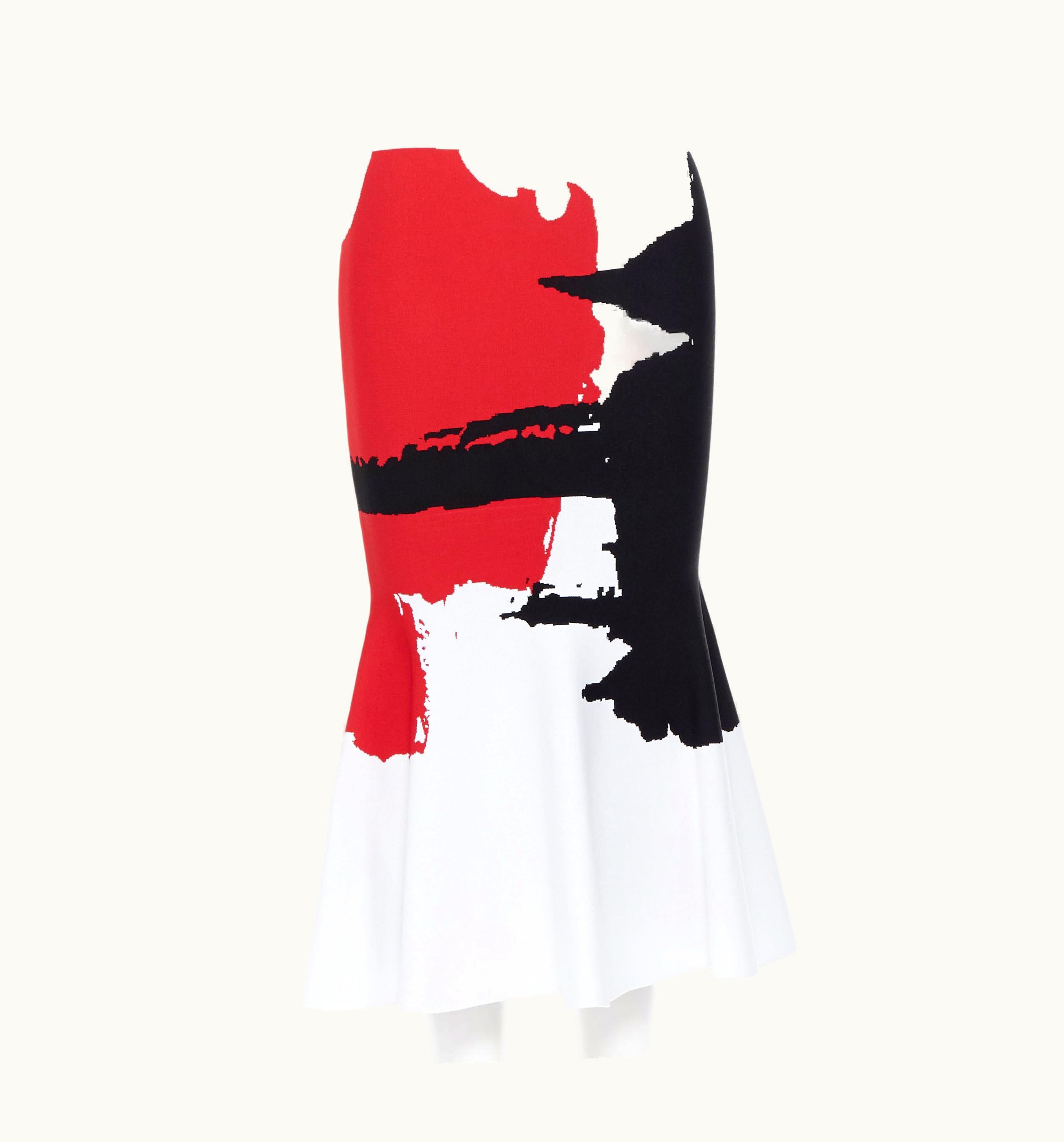 Oscar De La Renta 2017 Viscose White Red Black Jacquard Knit Flared Skirt