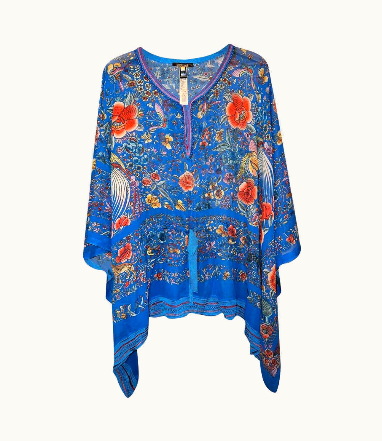 Roberto Cavalli S/S 2017 Roberto Cavalli Blue Silk Boho Floral Printed Blouse