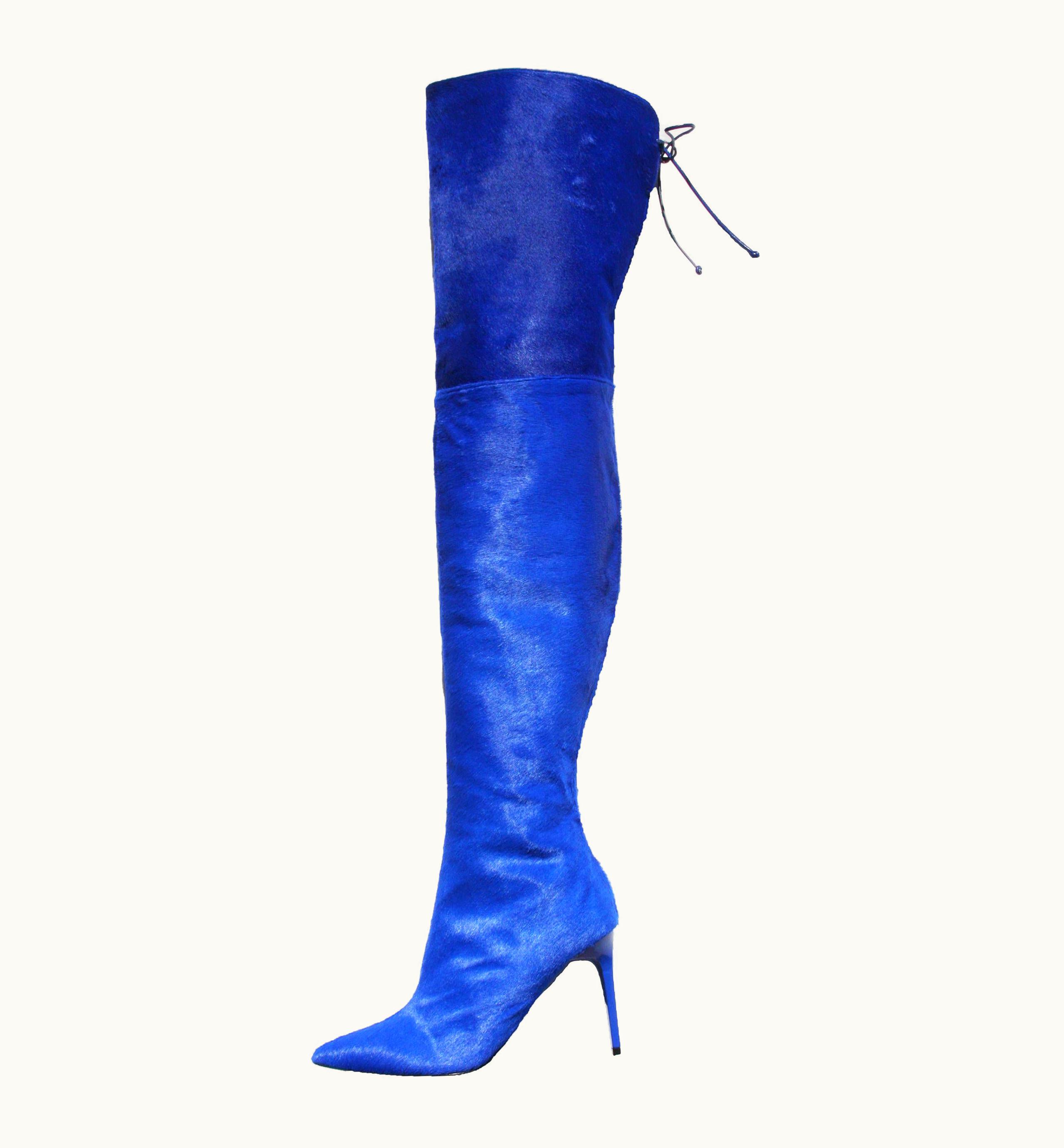 Oscar De La Renta Runway AW 2017 Blue Calf Hair Over The Knee Boots 38 Us