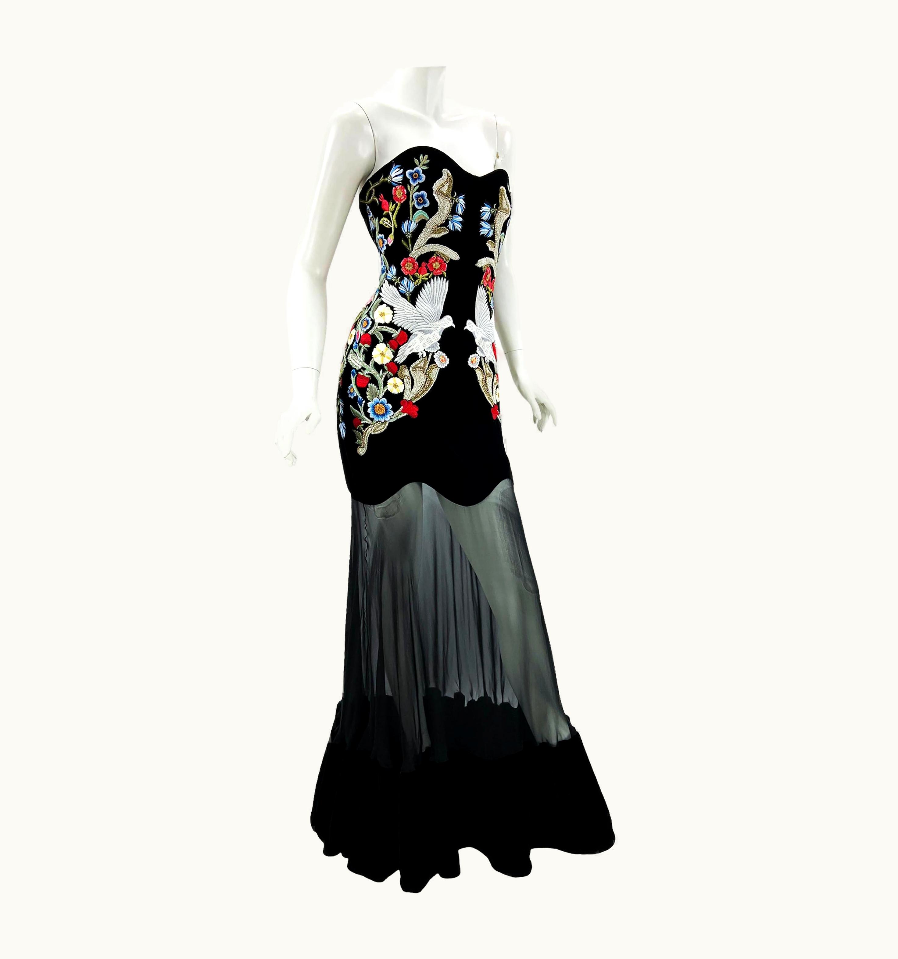 Alexander McQueen Black Velvet Chiffon Medieval Embroidery Corset Dress Gown
