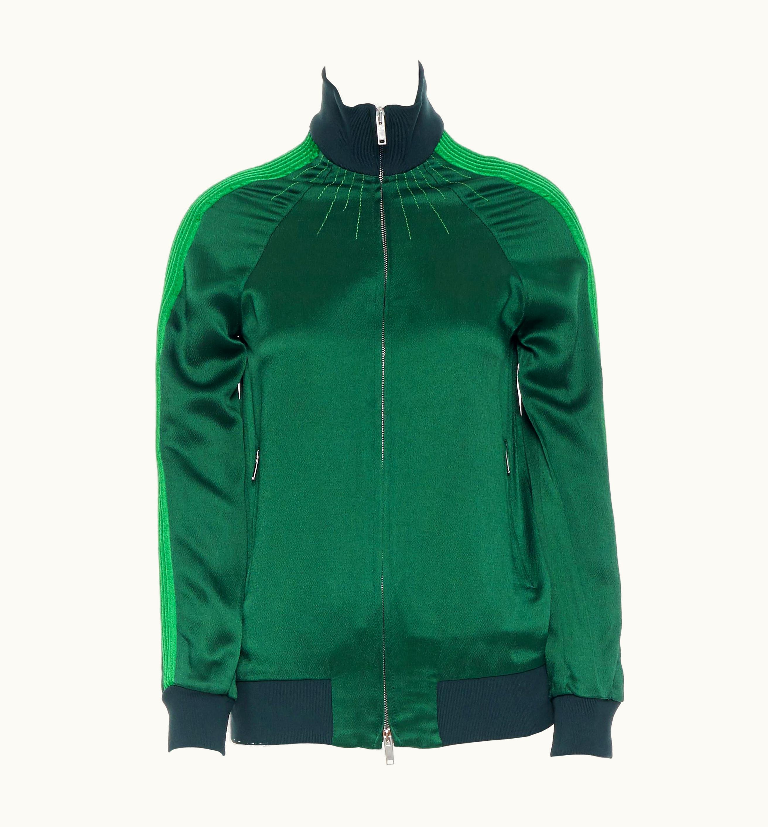 Valentino Runway Valentino 2018 Green Crepe Textured Trim Tracksuit Zip Jacket