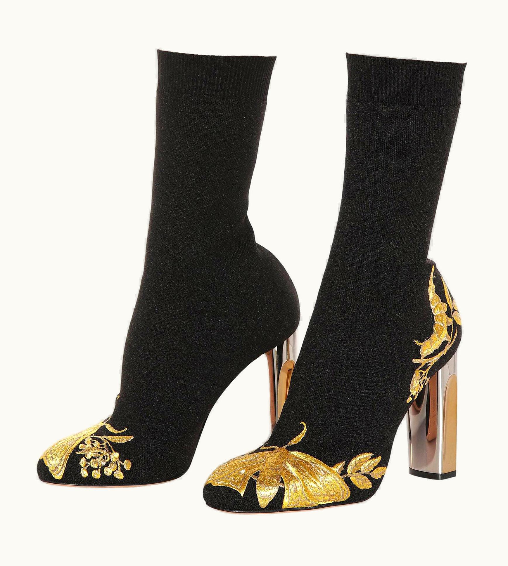 Alexander McQueen AW 2018 Embroidered Black Gold Ankle Stretch-Knit Boot