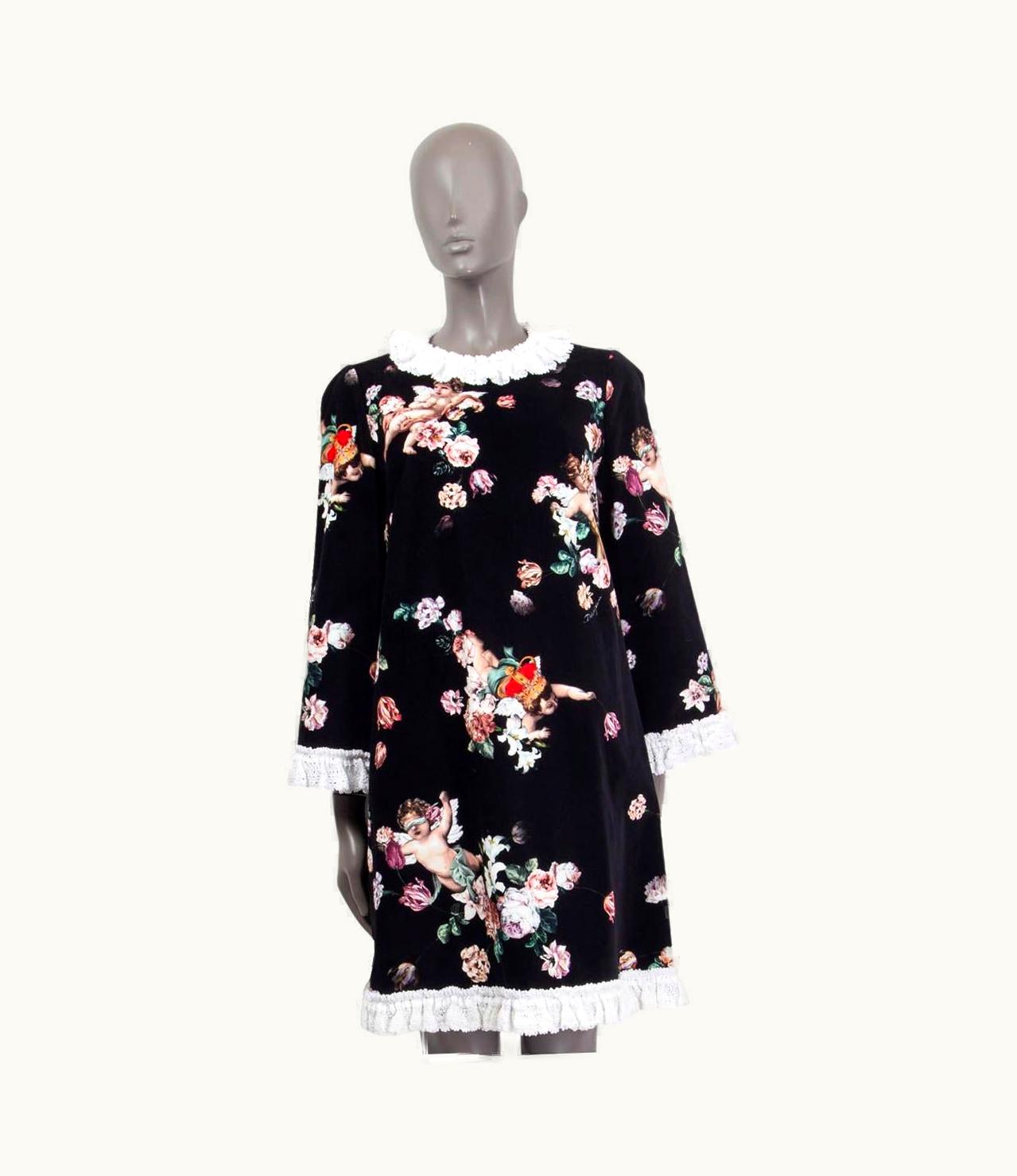 Dolce & Gabbana Black 2018 Velvet Cherub Print Crochet Trim Dress