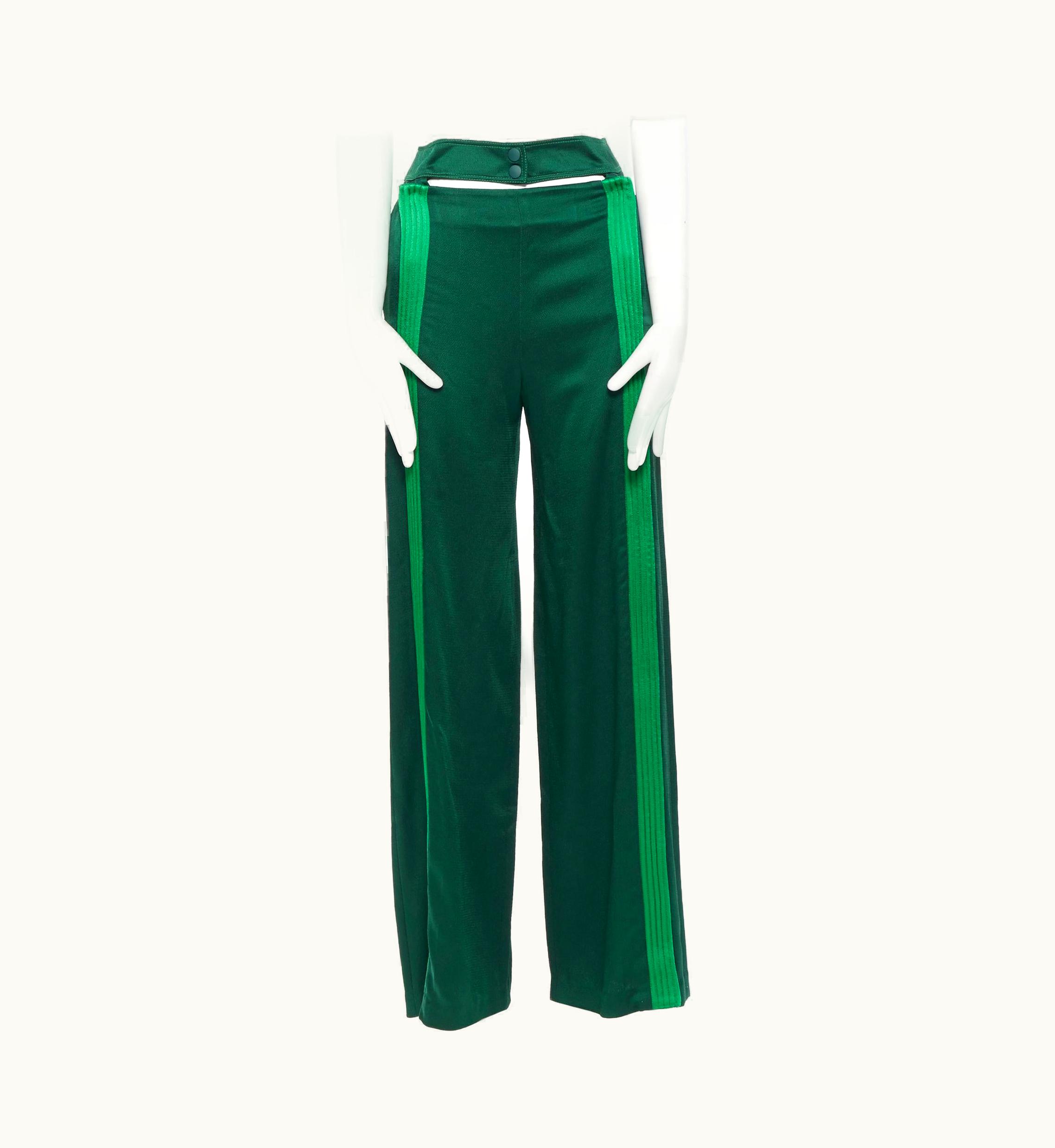 Valentino 2018 Green Pleated Stripe Cut Out Popper Button Wide Track Pants