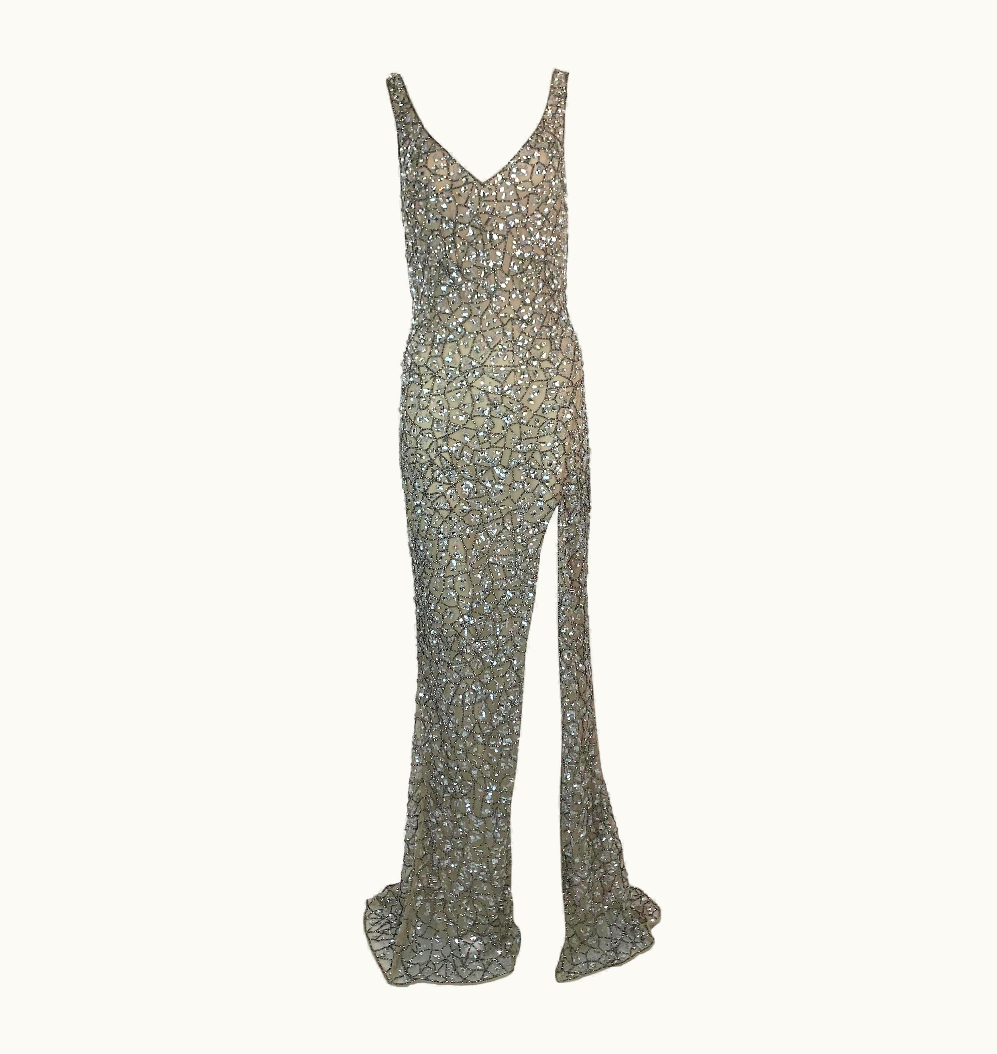 Roberto Cavalli S/S 2019 Roberto Cavalli Plunging Crystal Embellished High Slit Gown Dress