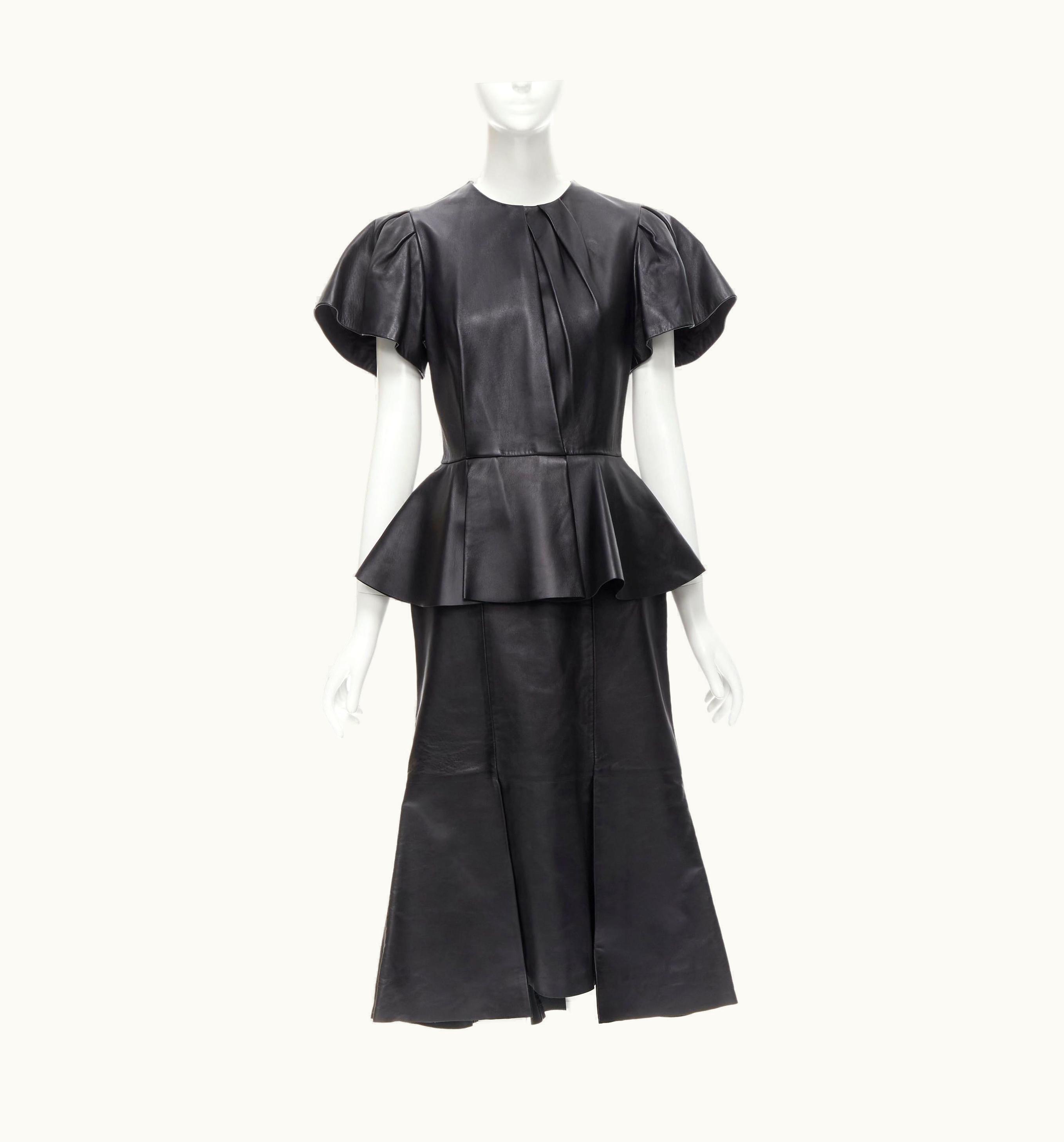 Alexander McQueen 2019 Black Leather Flutter Sleeve Peplum Flute Dress
