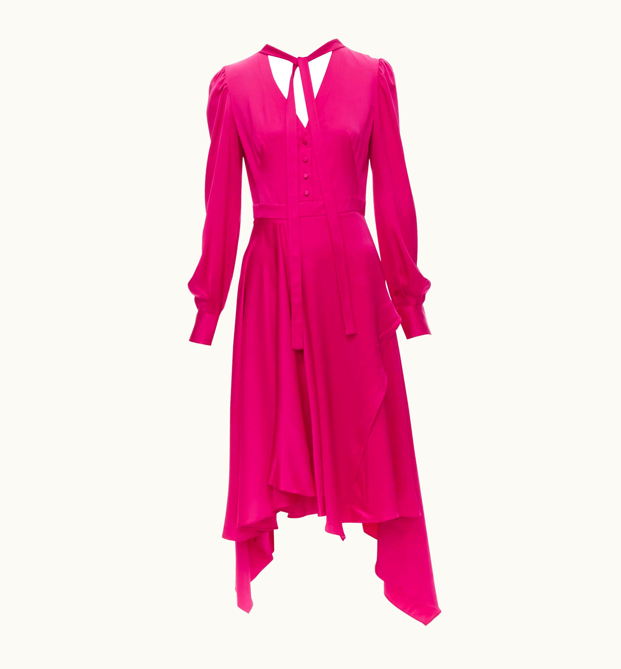 Alexander McQueen 2019 Pink Silk Puff Sleeves Pussy Bow Draped Skirt Dress