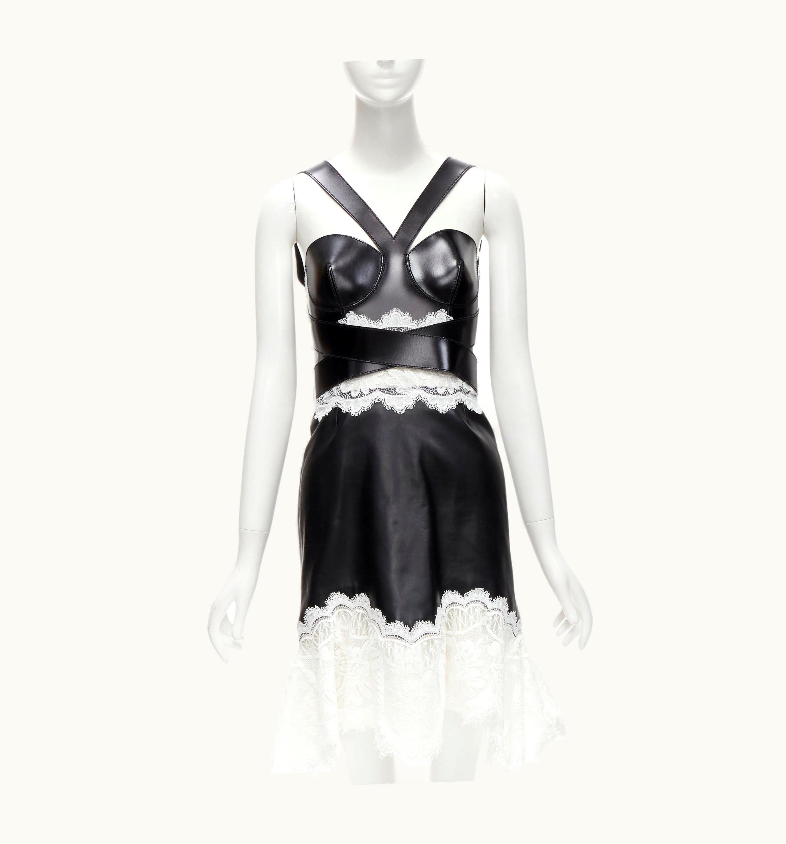 Alexander McQueen 2020 Runway Black Leather Bustier White Lace Dress