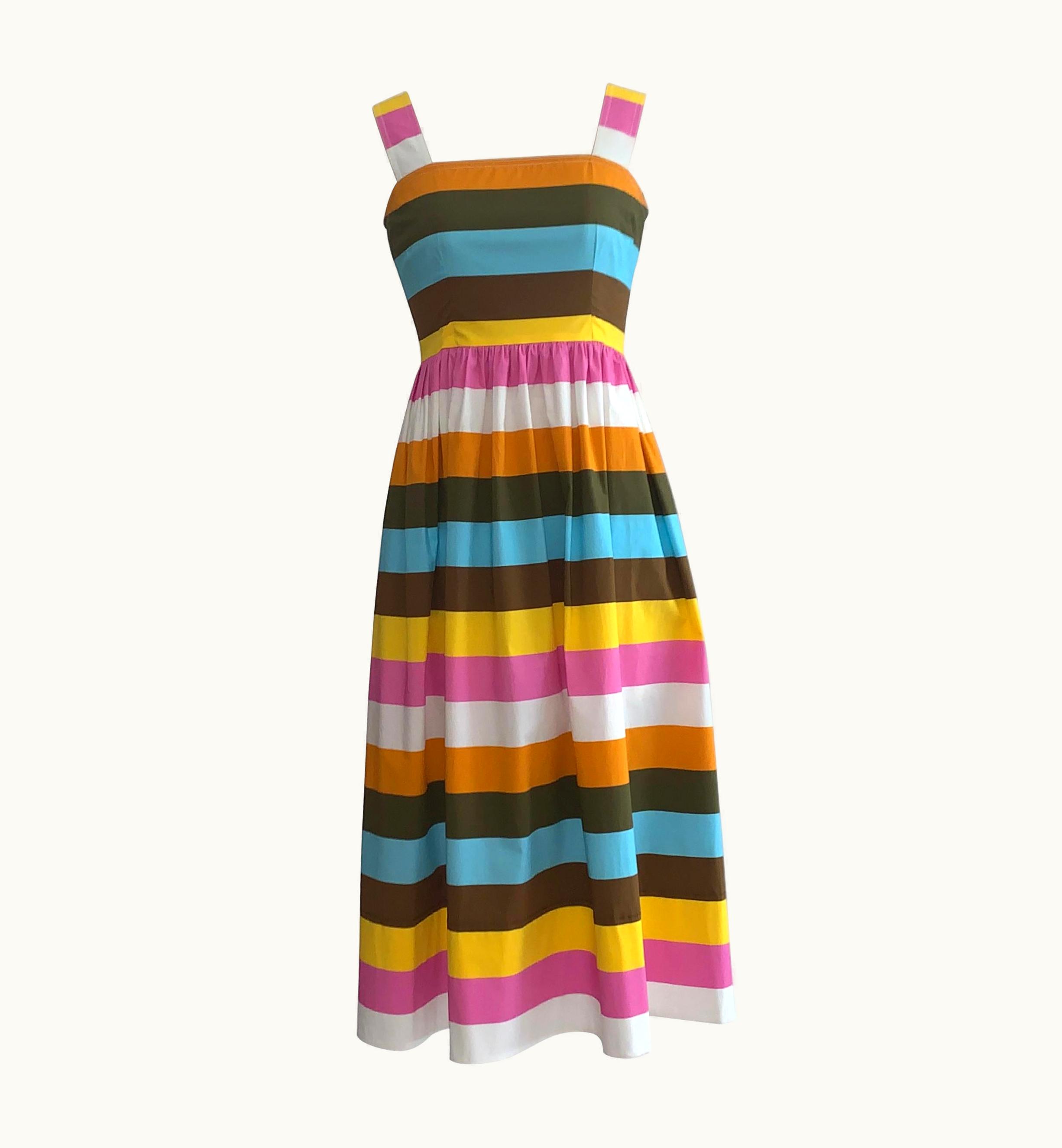 Oscar De La Renta Spring 2020 Multicolor Stripe Print Cotton Sun Dress
