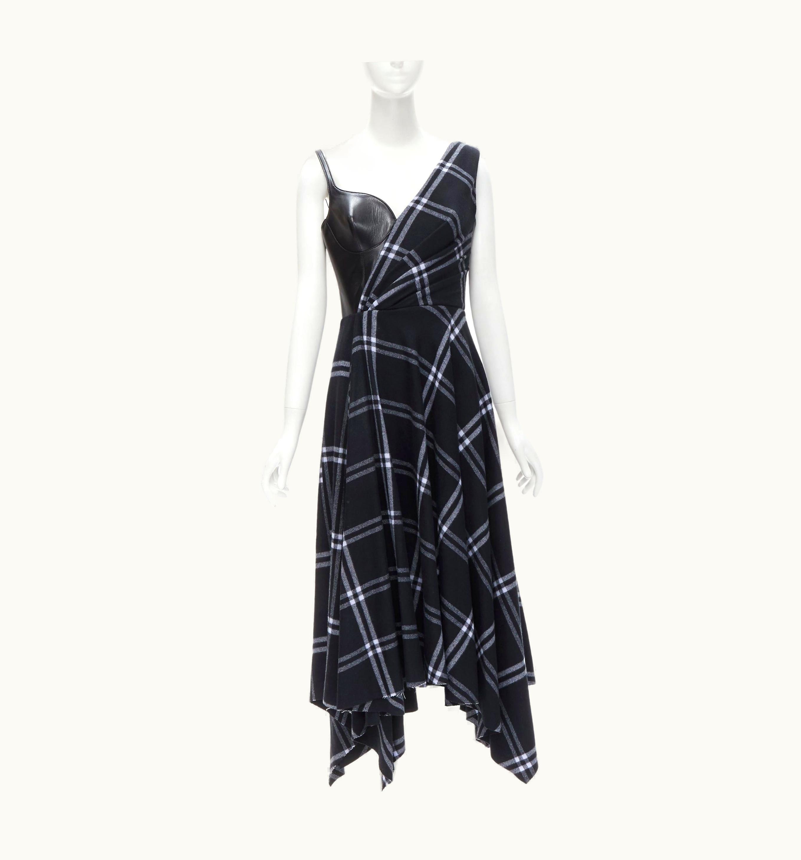 Alexander McQueen 2020 Runway Black Leather Bust Navy Draped Check Dress