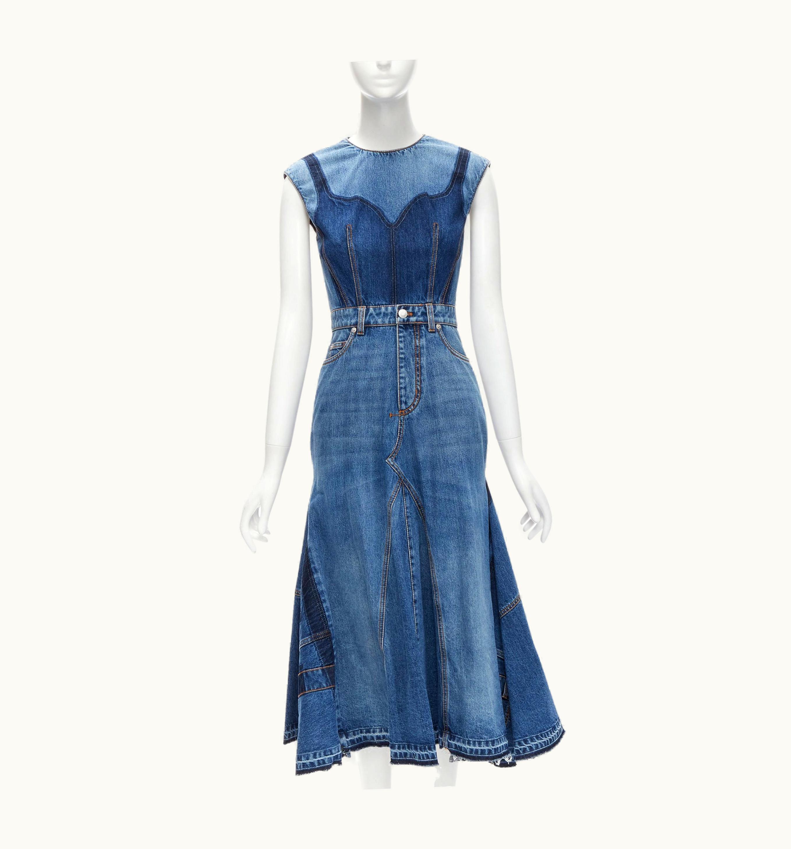 Alexander McQueen 2021 Runway Washed Denim Shadow Bodice Midi Dress