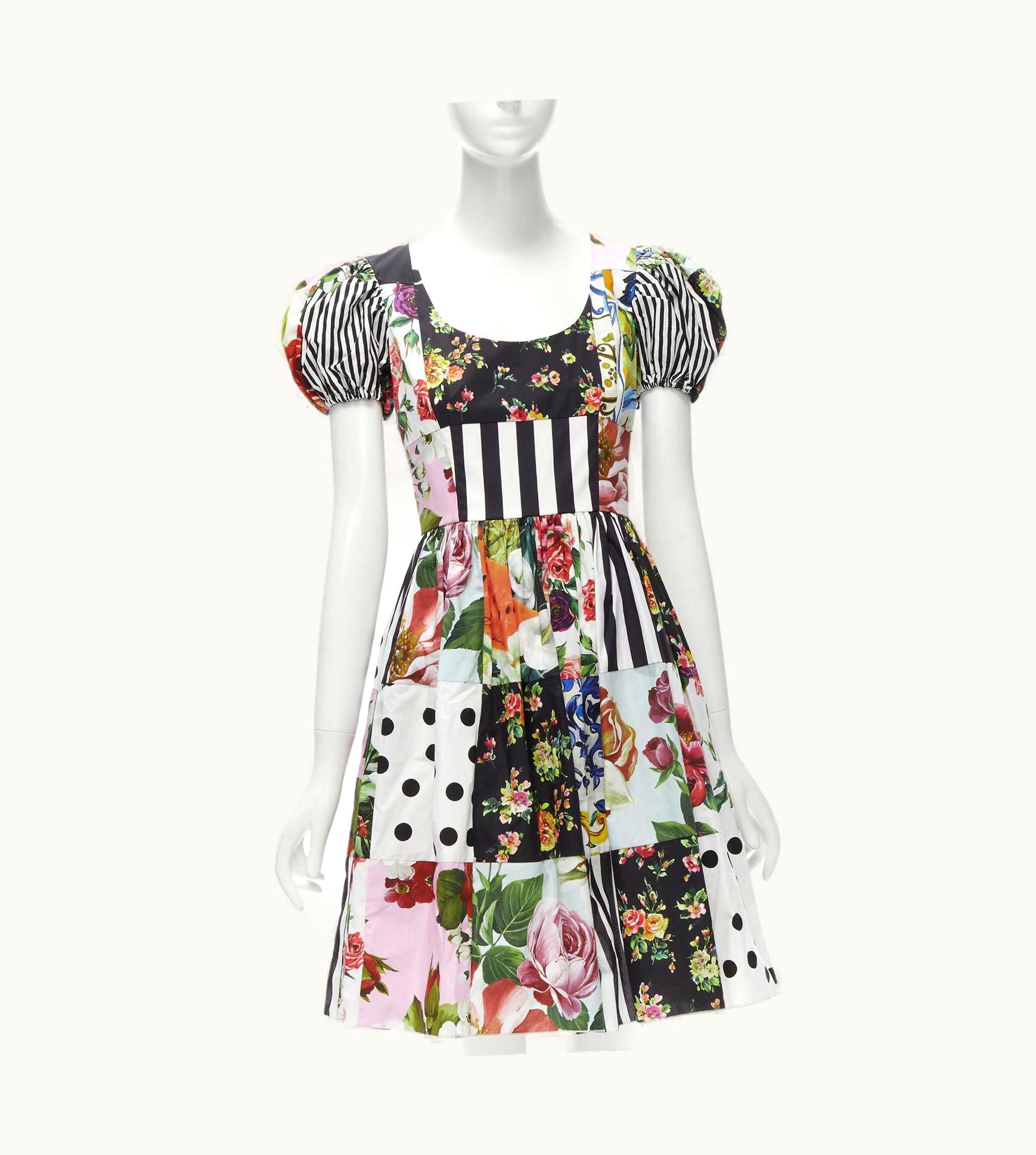 Dolce & Gabbana Dolce Gabbana 2021 Sicilian Patchwork Puff Sleeve Cotton Poplin Dress