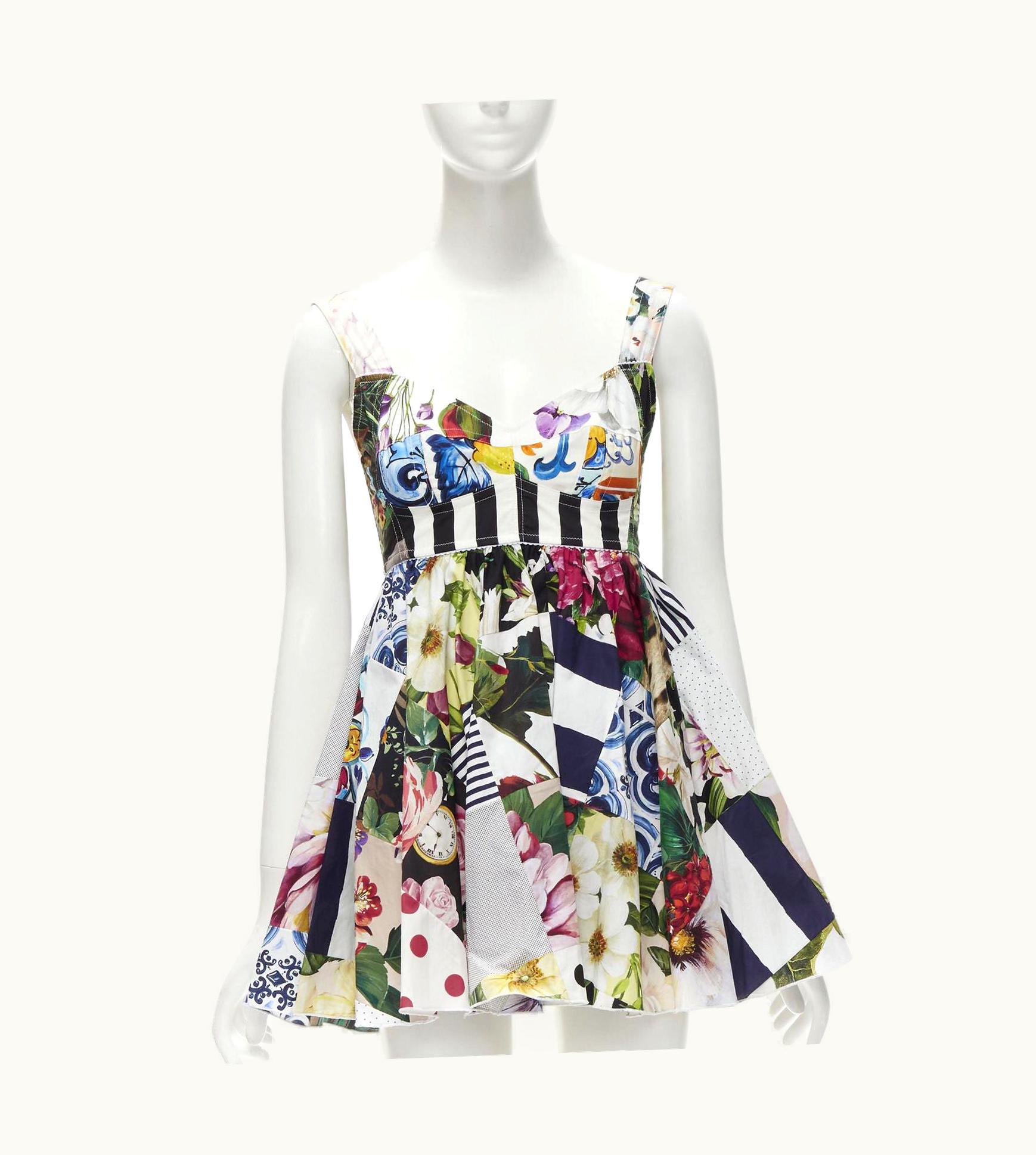 Dolce & Gabbana Dolce Gabbana 2021 Mixed Patchwork Floral Boned Bustier Flared Dress