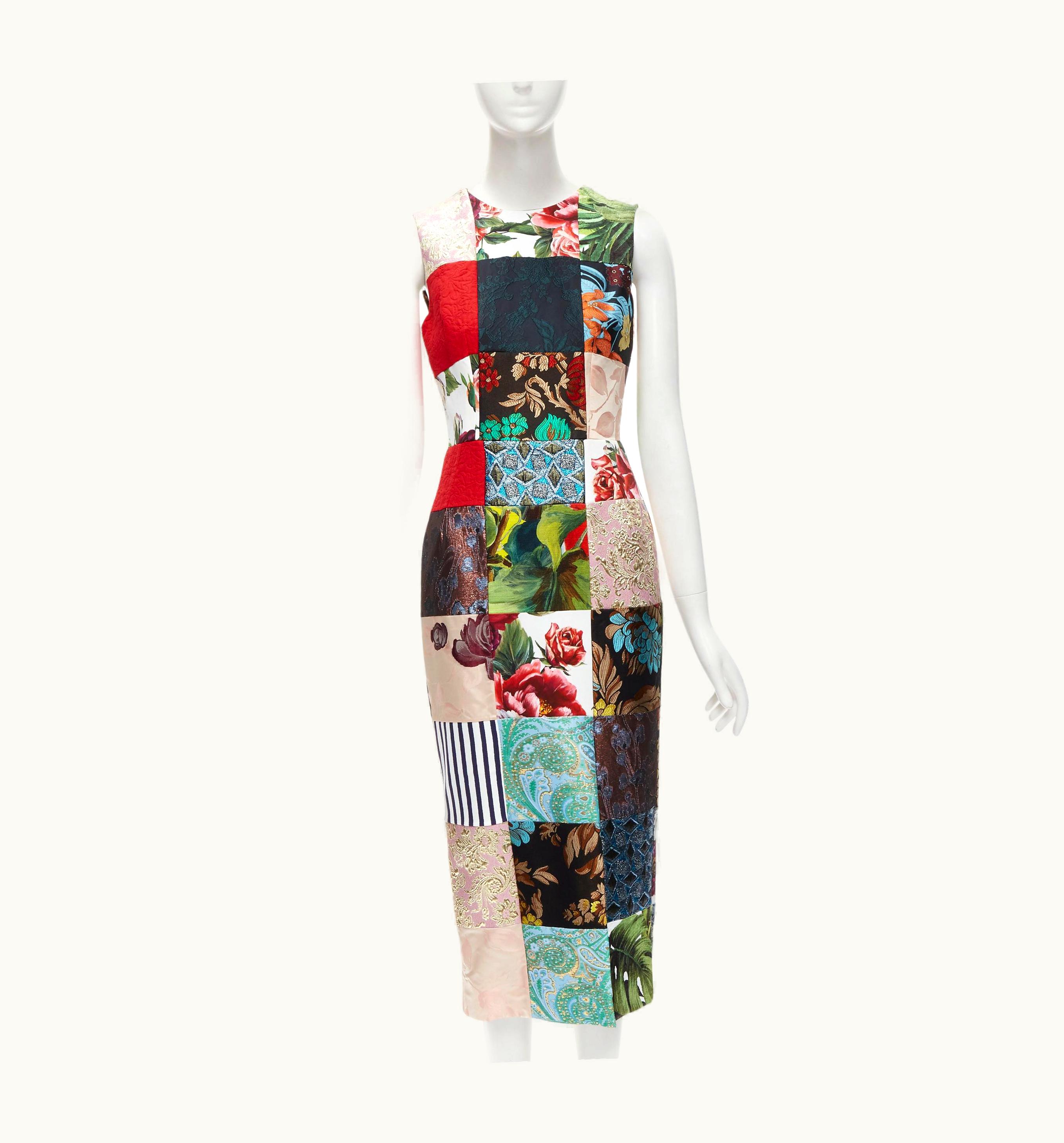 Dolce & Gabbana Dolce Gabbana 2021 Mixed Grid Patchwork Jacquard Front Slit Midi Dress
