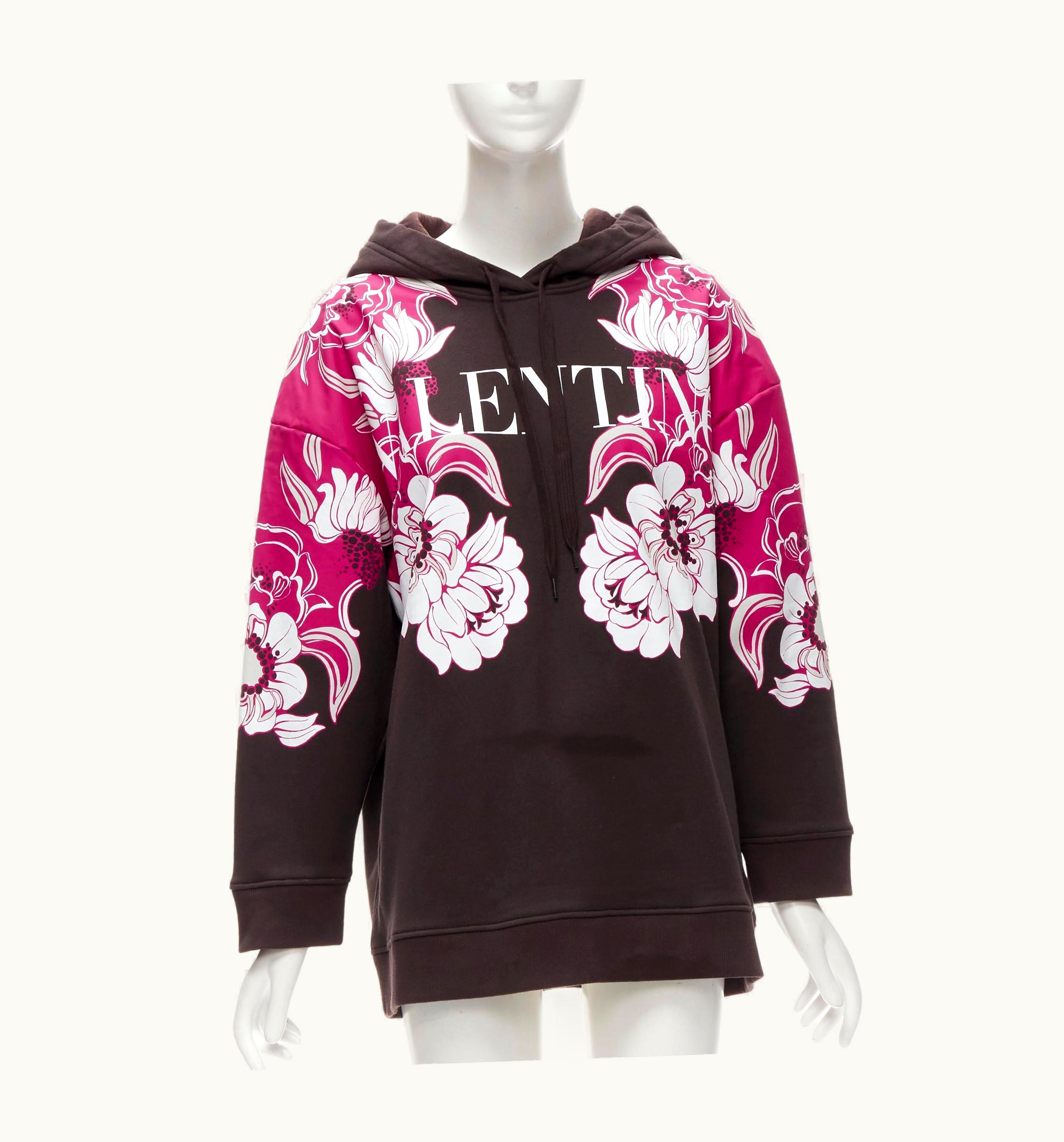 Valentino 2022 Brown Pink Floral Logo Print Cotton Oversized Hoodie