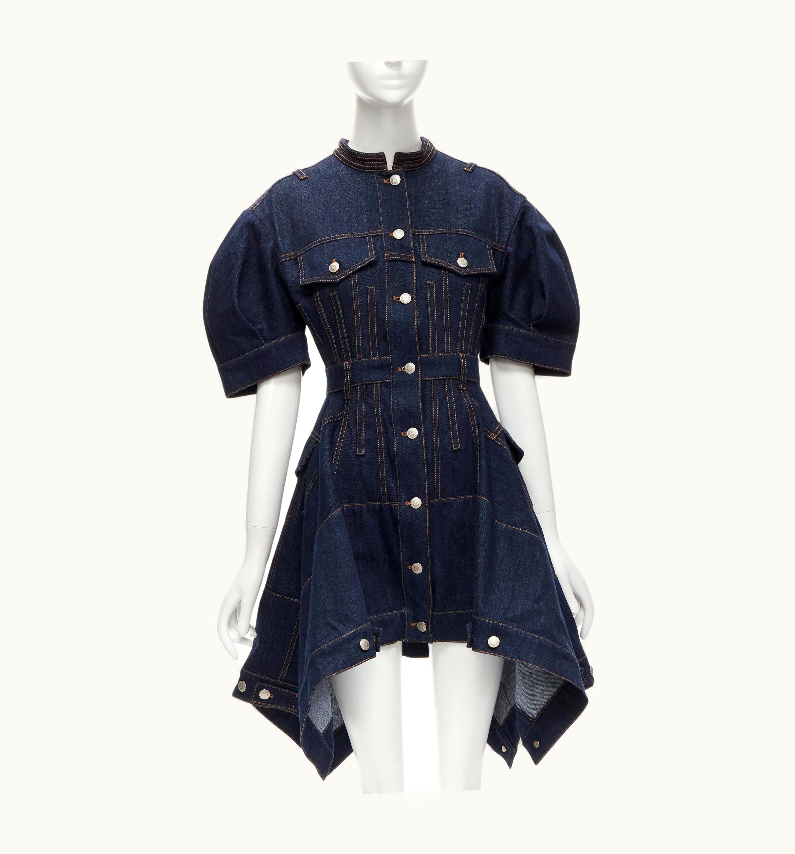Alexander McQueen 2022 Indigo Blue Denim Corset Rounded Sleeve Dress