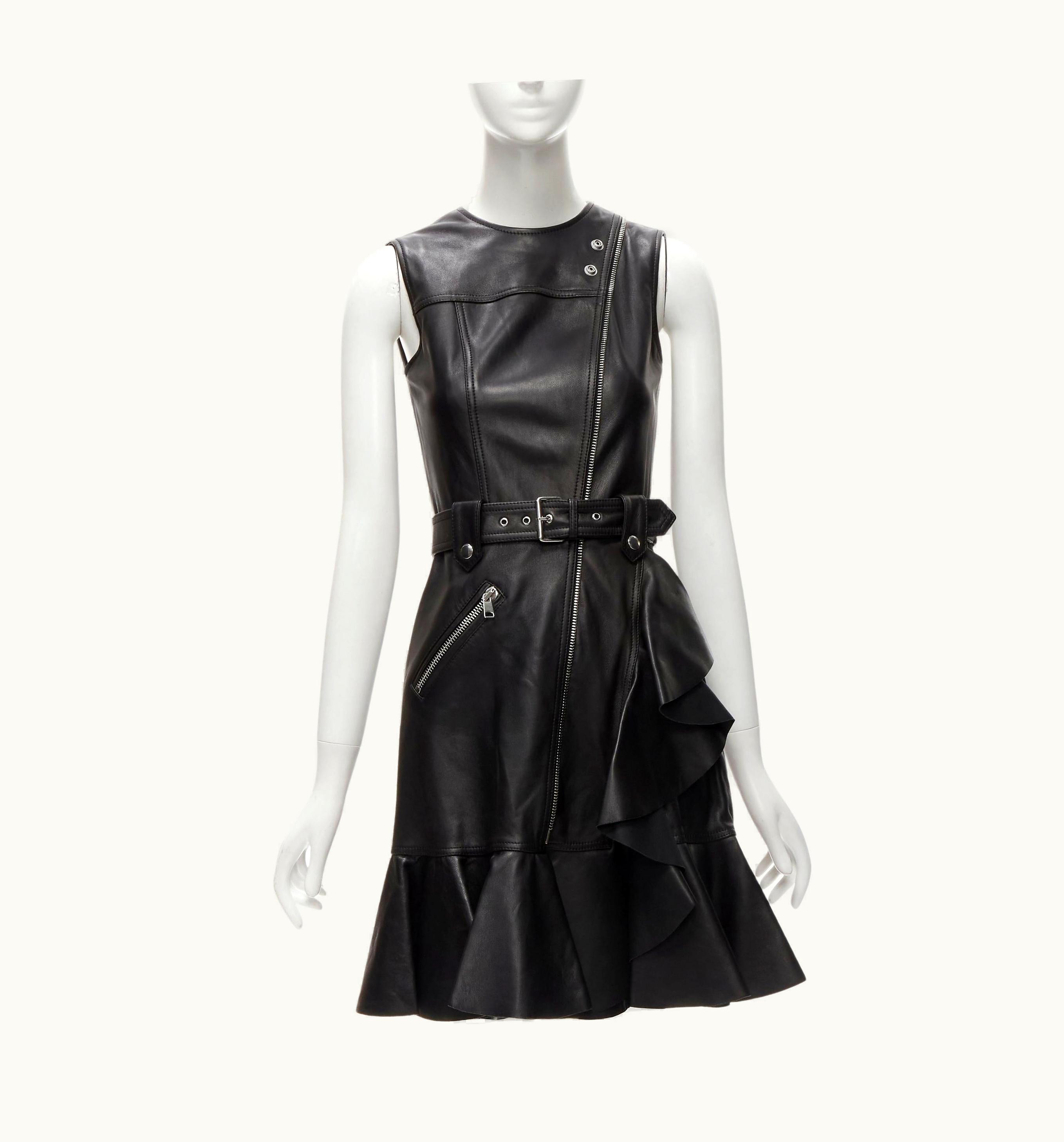 Alexander McQueen 2022 Black Leather Biker Belted Ruffle Trim Dress