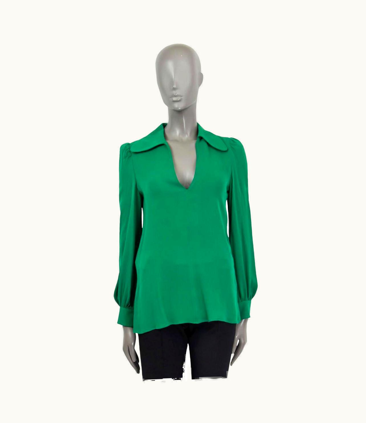 Valentino Green 2022 Spread Collar Deep V-neck Silk Georgette Blouse Shirt