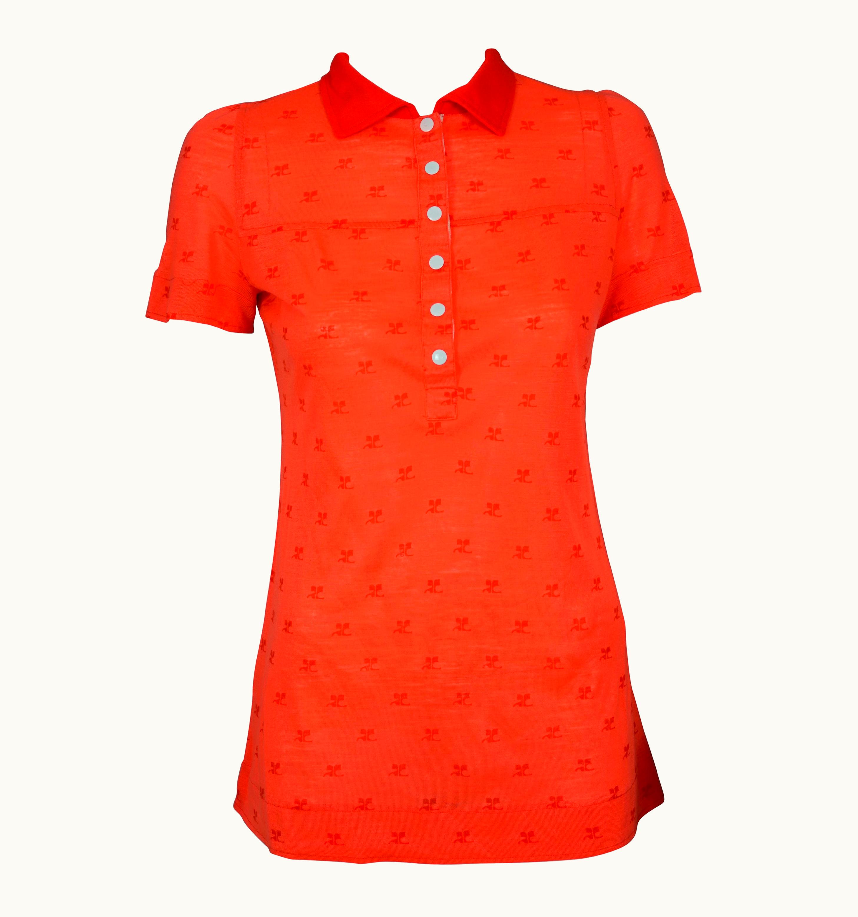Courrèges Vintage 1970s Courrèges Logo Fluorescent Orange Polo Shirt