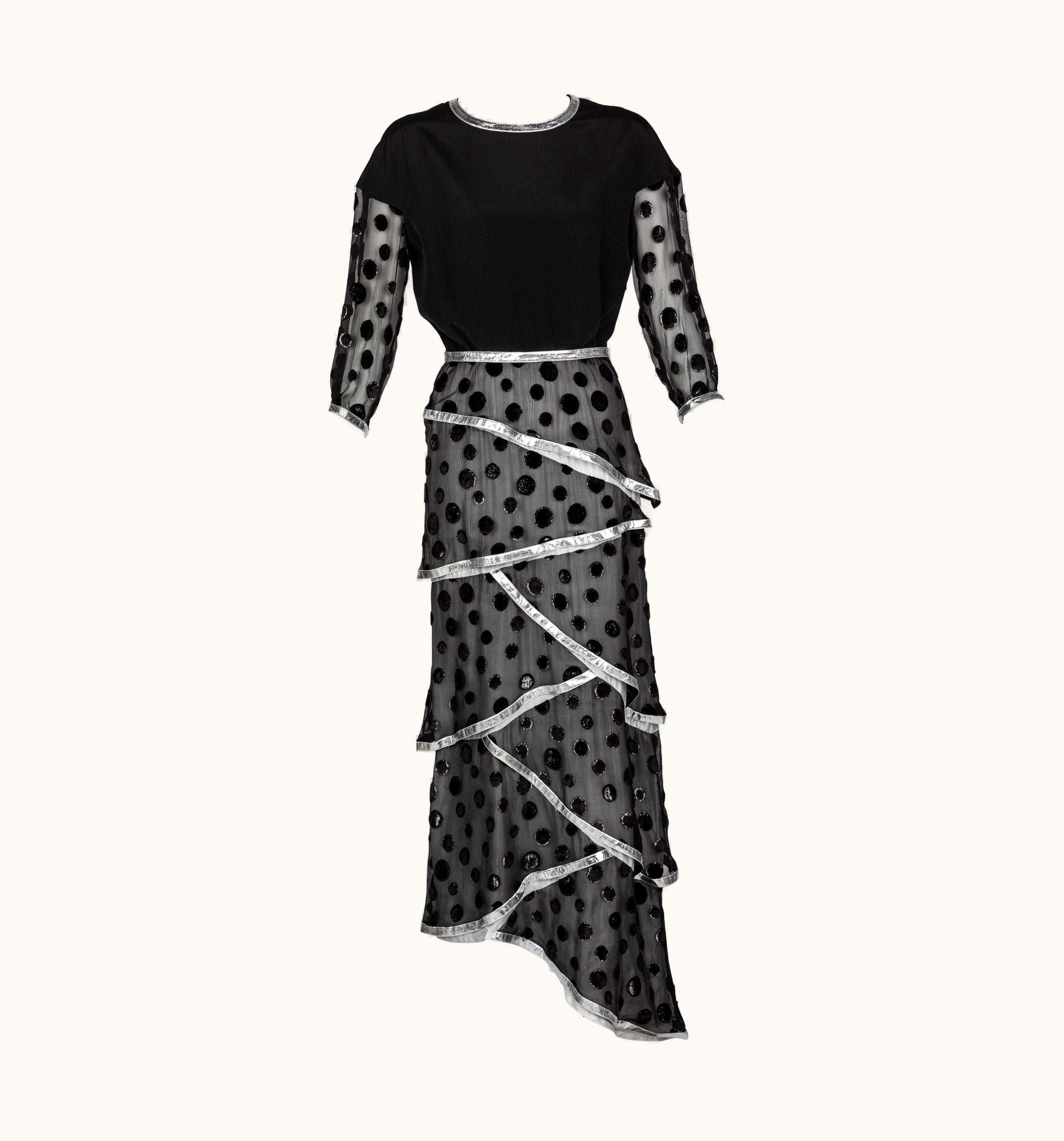 Courrèges Black Metallic Polka Dot Layered Maxi Dress, 1970s