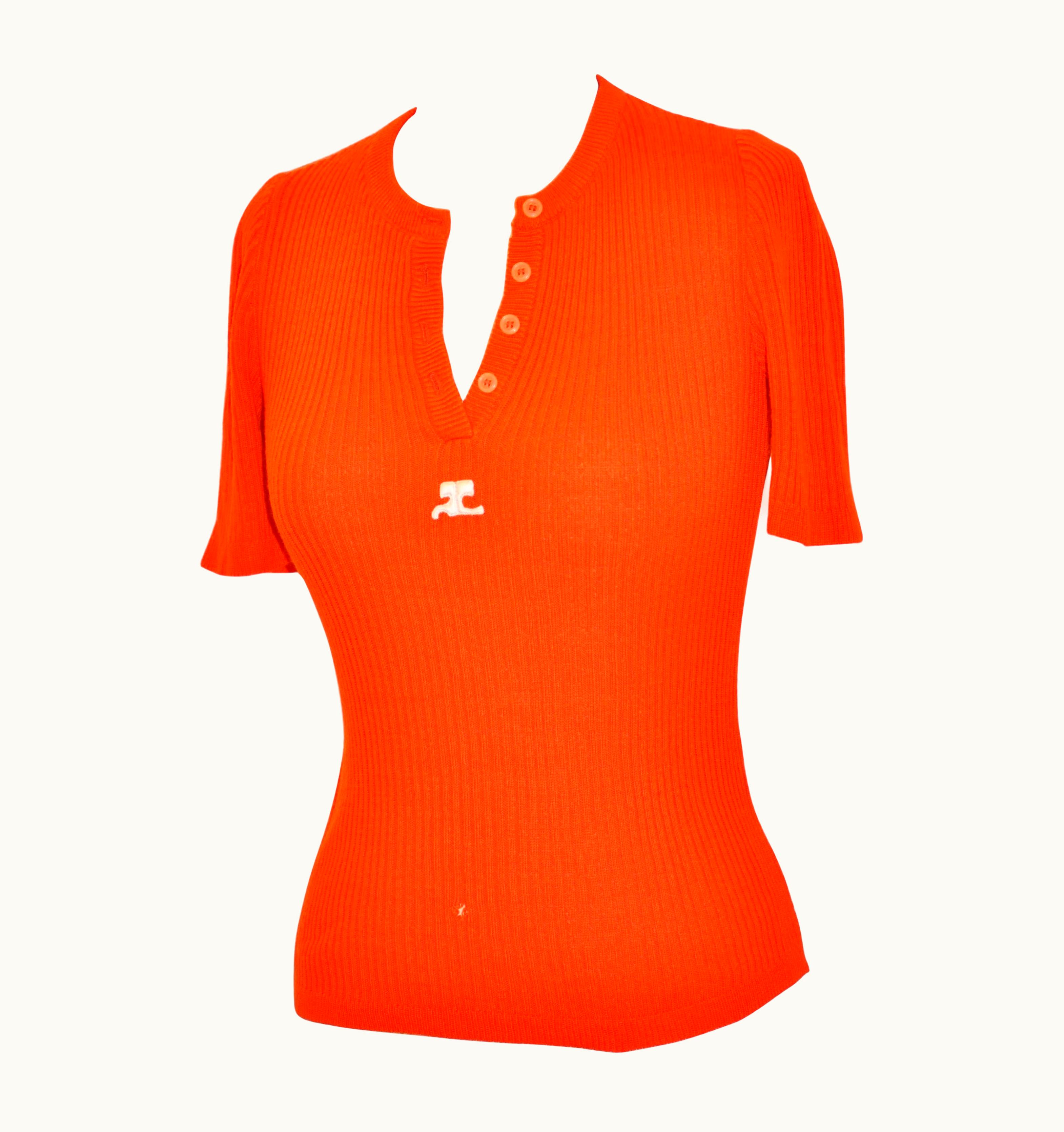 Courrèges Bold Tangerine With Signature Logo Patch Cotton-Blend Knitted Tee