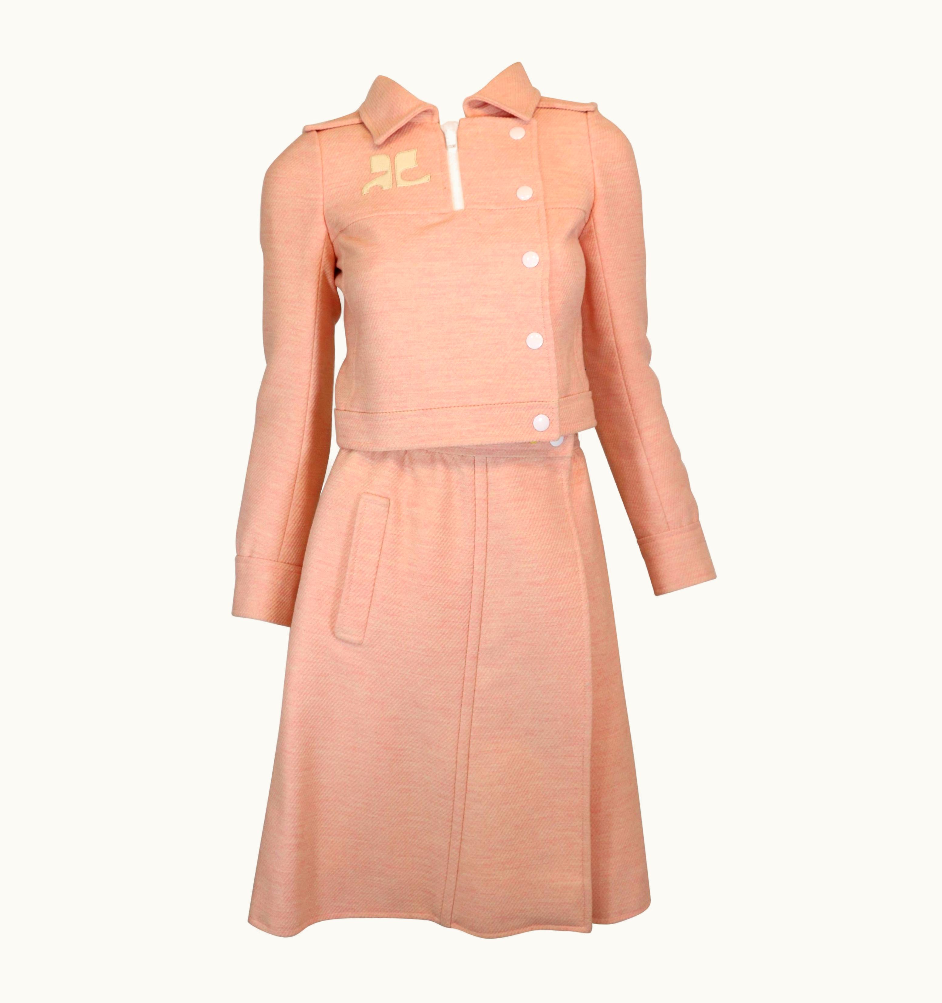 Courrèges Andre Courrèges Numbered Pink Wool Jacket Skirt Set 1970'