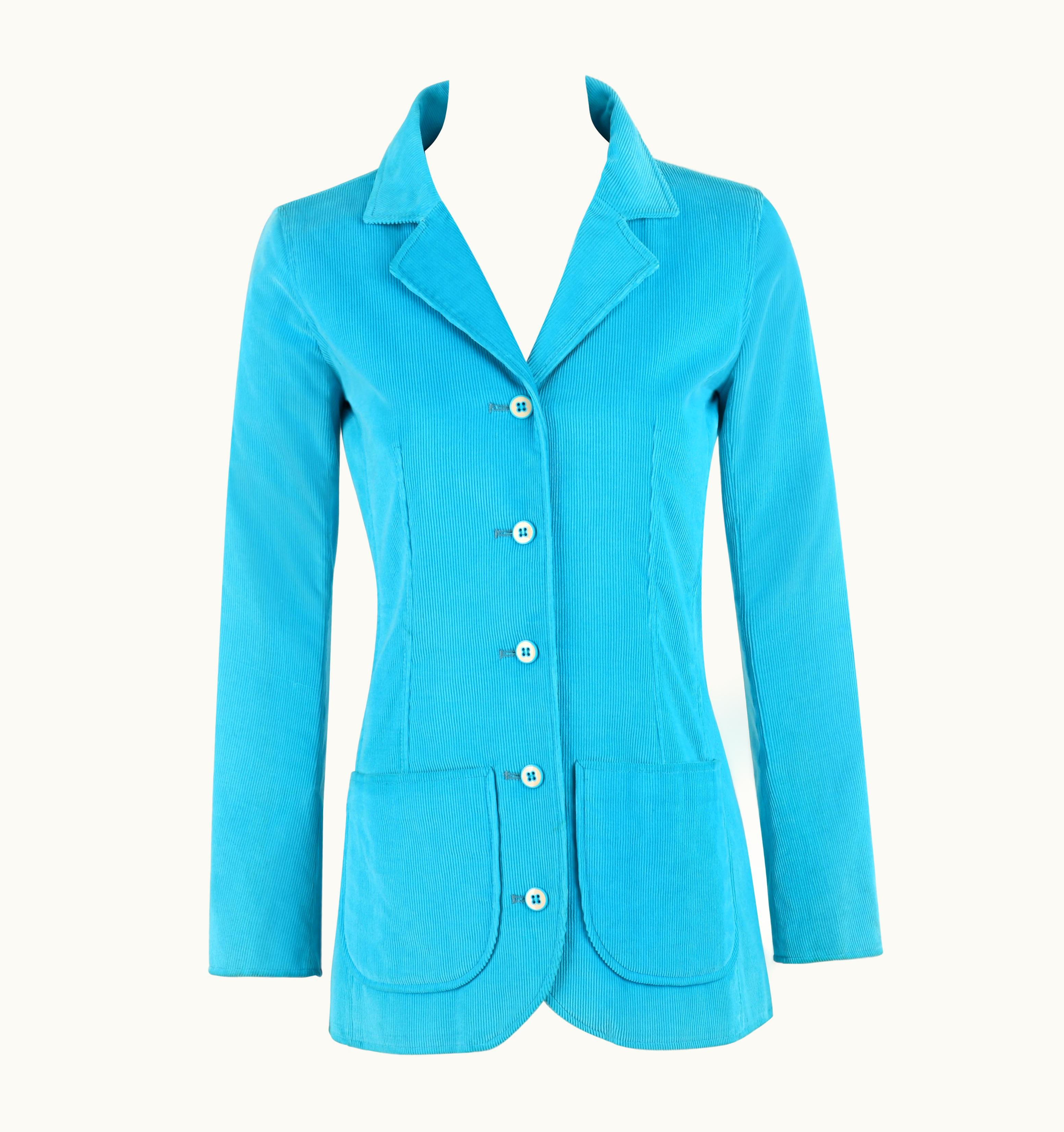 Courrèges C.1970s Teal Corduroy Button-Down Collared Blazer Jacket