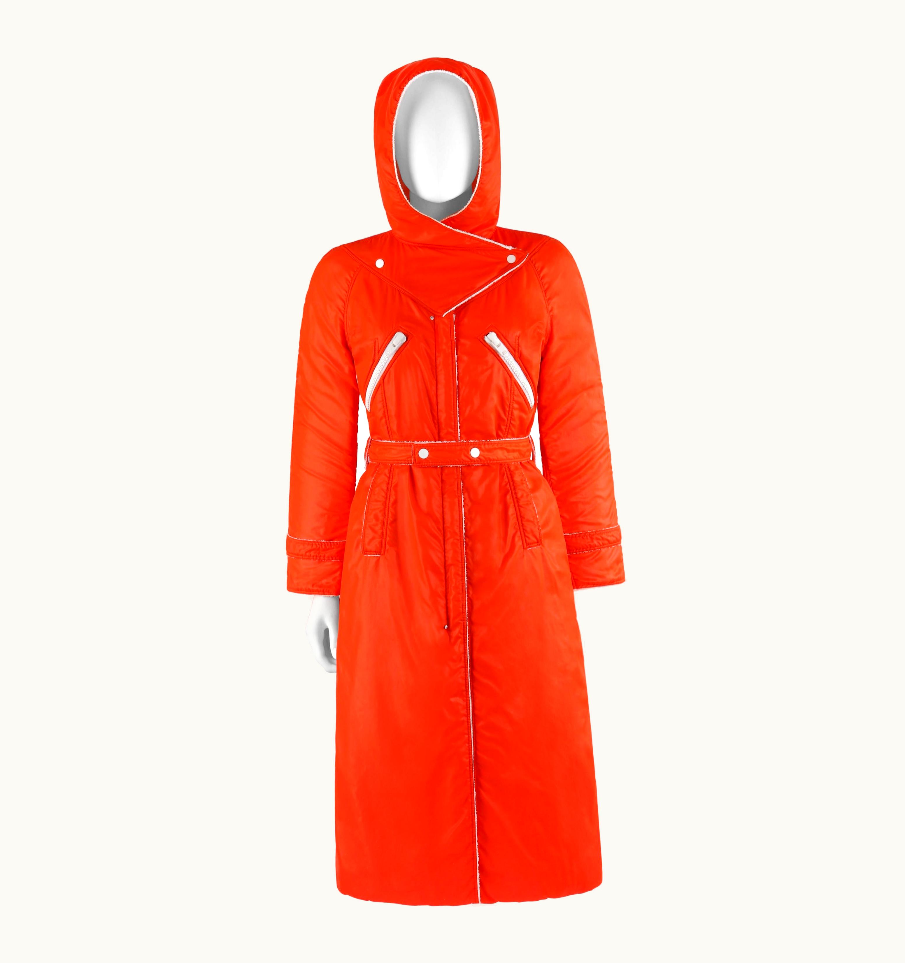 Courrèges Hyperbole C.1970' Orange Hooded Belted Full-Length Coat