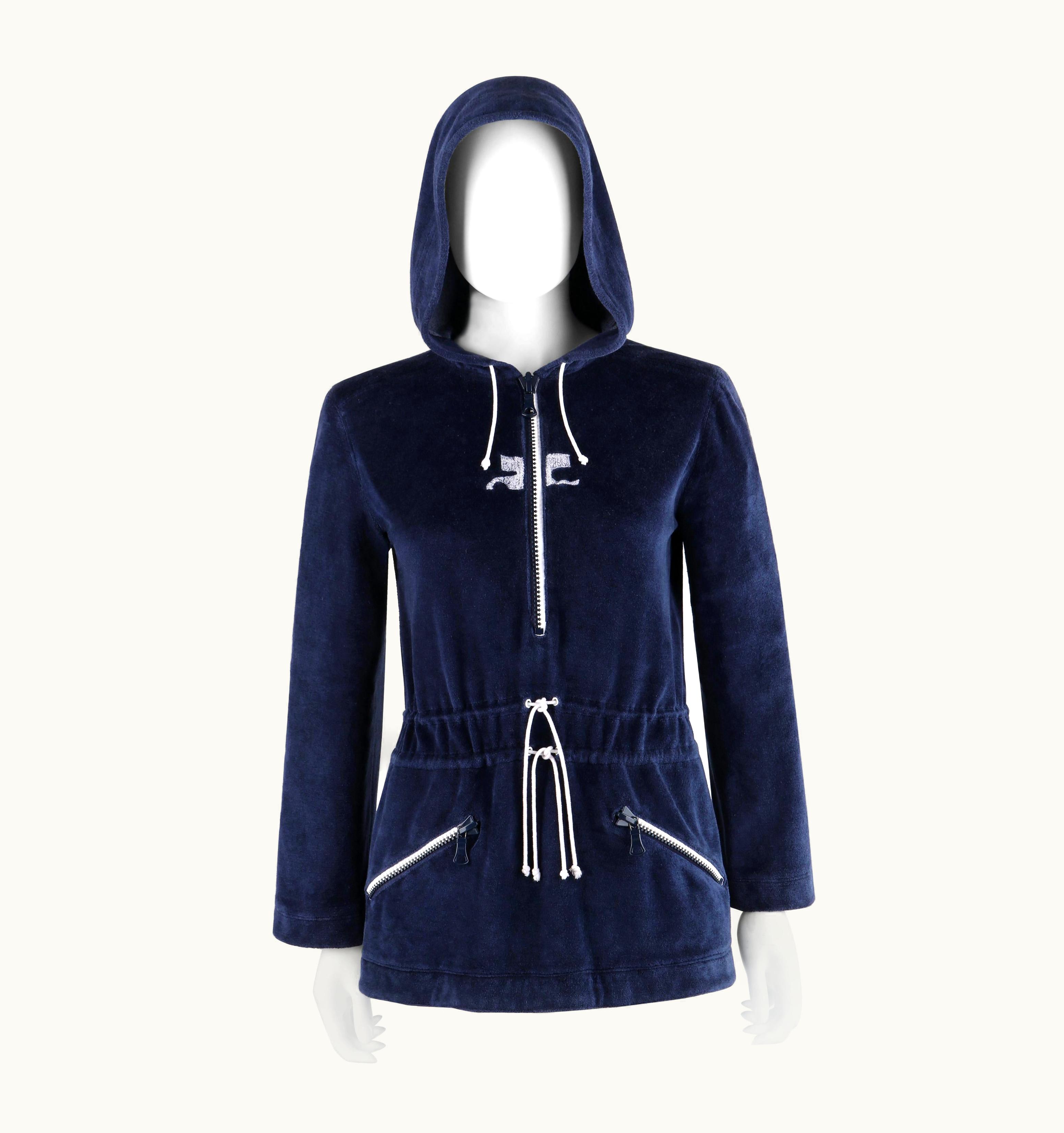 Courrèges C.1970' Hyperbole Navy Plush Half-Zip Sport Hoodie Sweatshirt