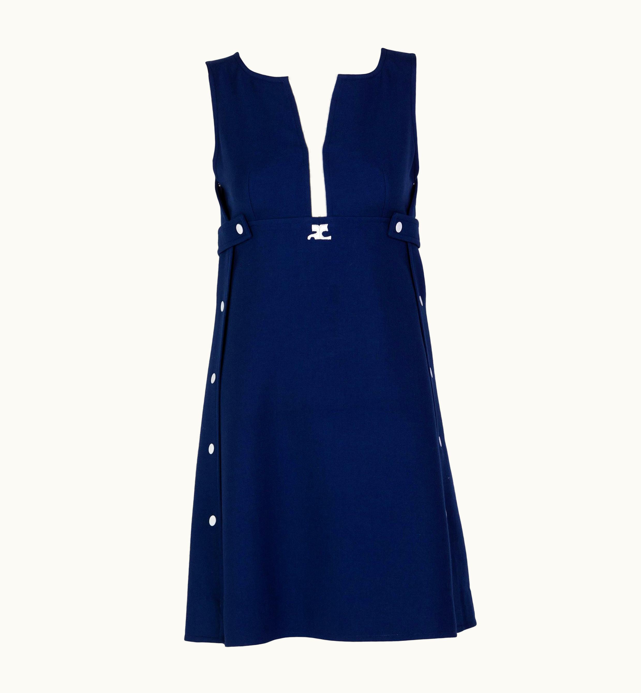 Courrèges Numbered Couture Navy White Wool Zipper Mod Space-Age Dress, 1970s
