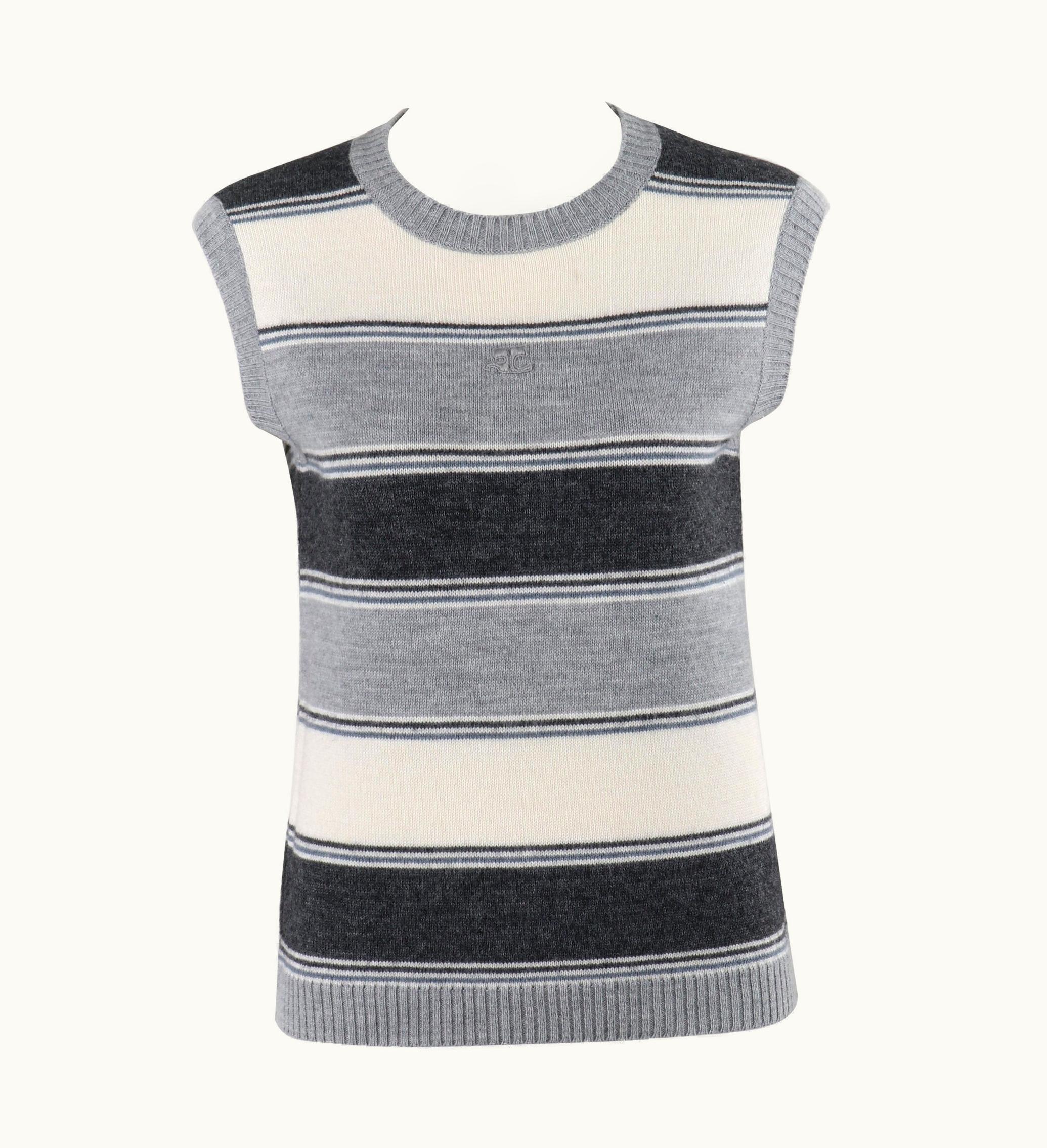 Courrèges C.1970' Gray Striped Wool Knit Sleeveless Pullover Sweater Vest Top