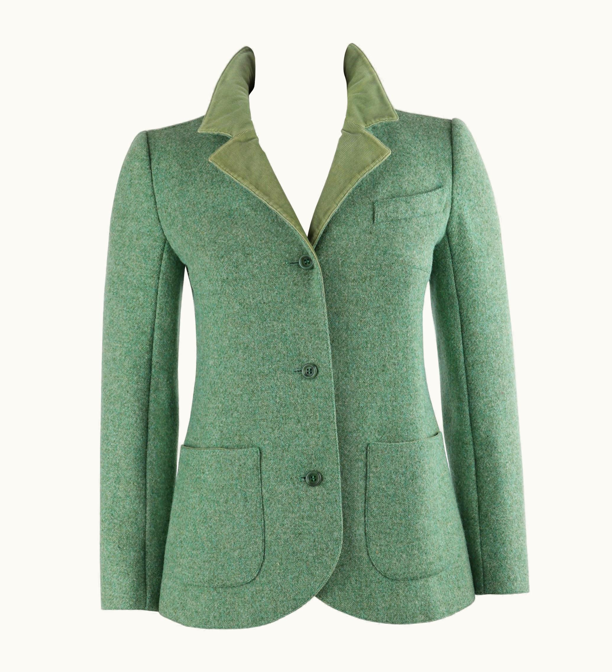 Courrèges c.1970' Green Wool Mohair Tweed Corduroy Button Front Blazer Jacket