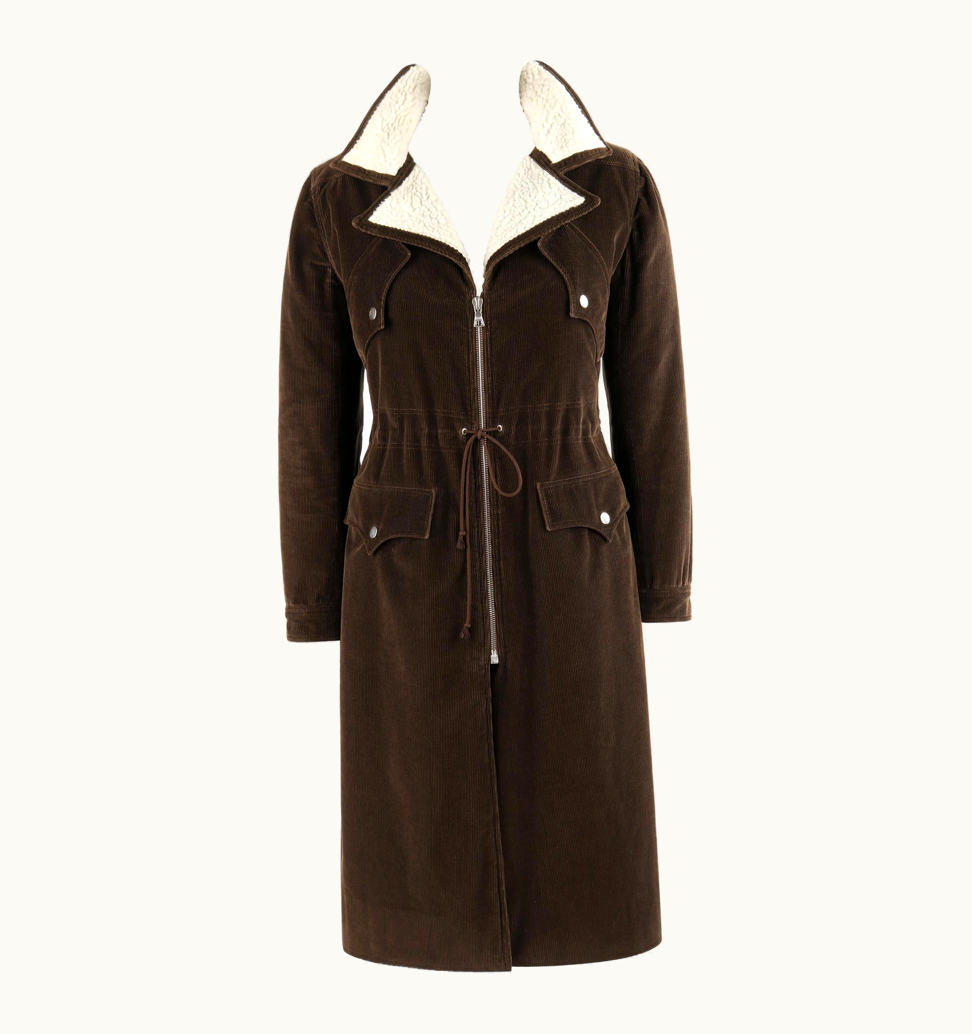 Courrèges Couture Future c.1970' Brown Corduroy Cinched Waist Long Coat Jacket