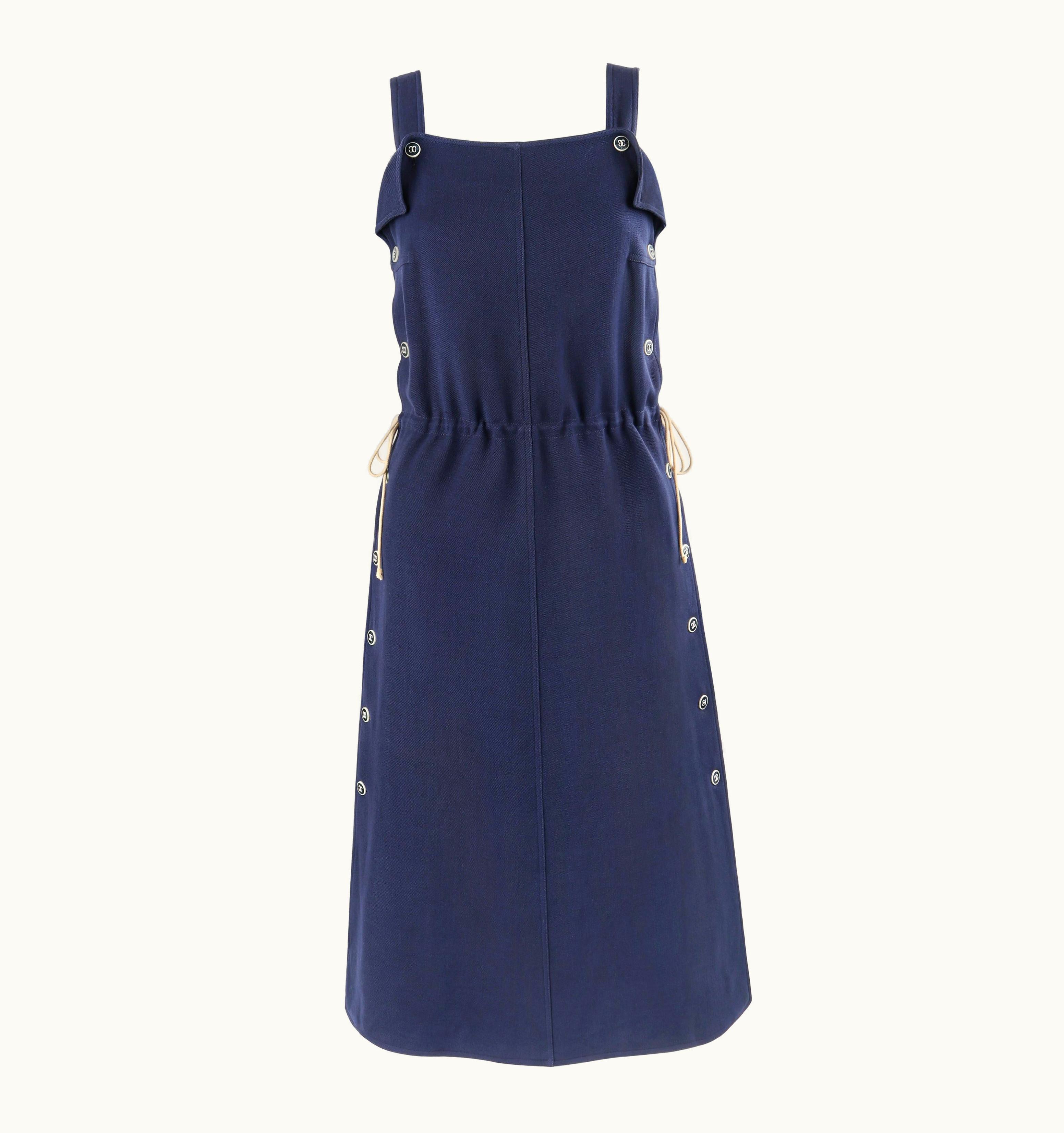 Courrèges c.1970' Navy Blue Button Up Tie Cinch Waist Sleeveless Jumper Dress
