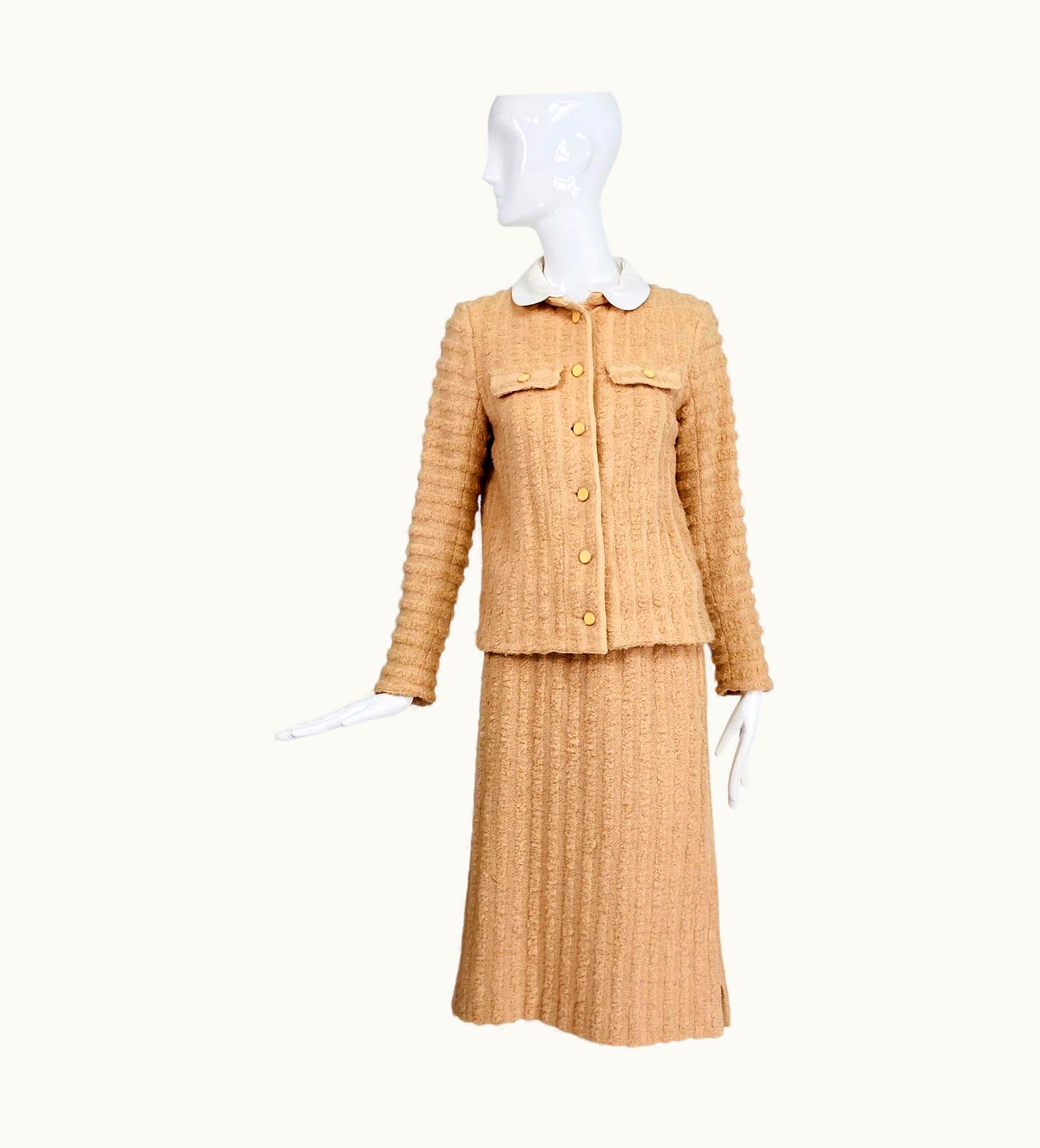 Courrèges Andre Courrèges Nude Wide Ribbed Boucle Skirt Set 1970s