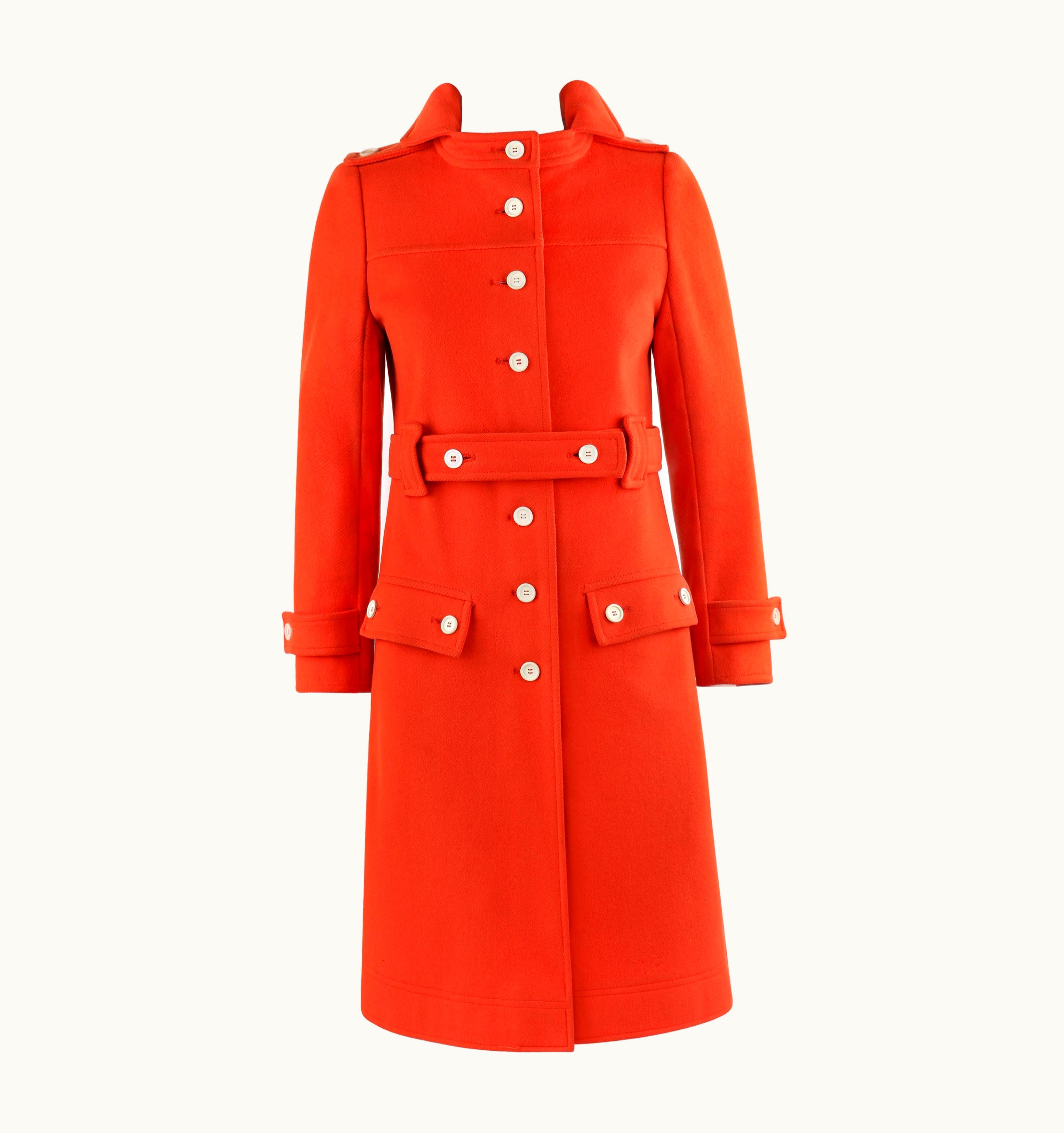 Courrèges c.1970' Hyperbole Orange Belted Button Front Coat Overcoat Numbered