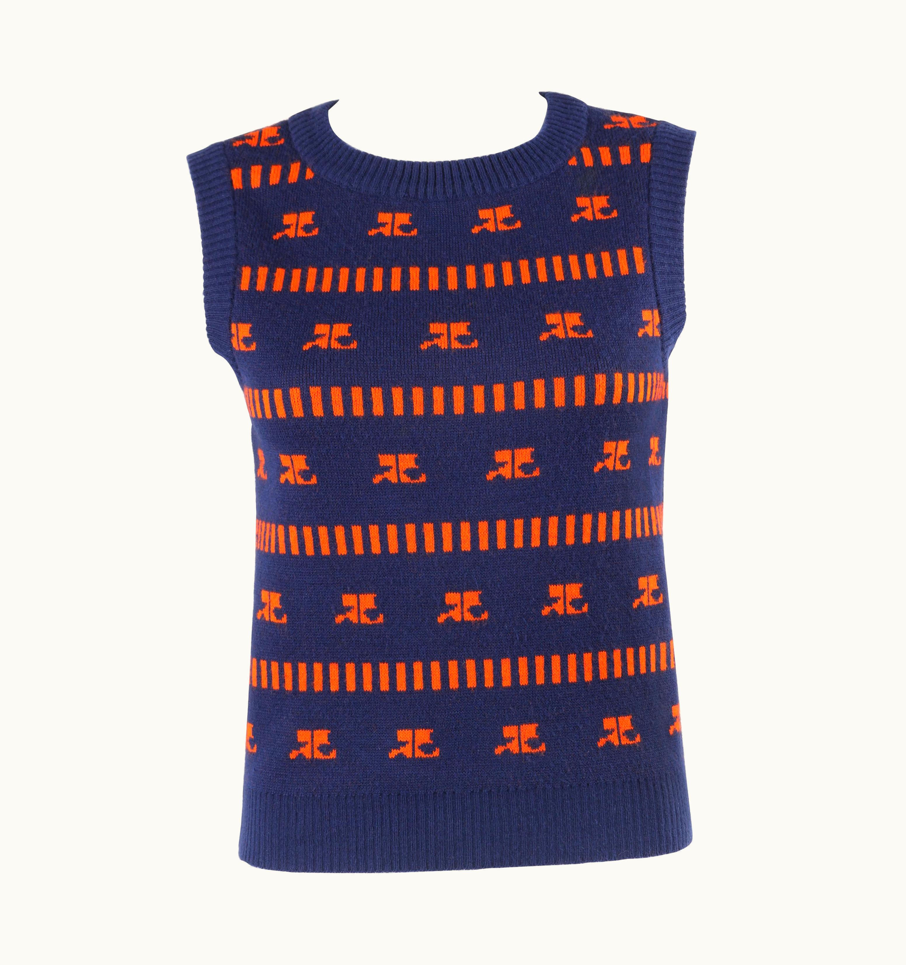 Courrèges C.1970s Navy & Orange Logo Signature Pattern Knit Sweater Vest