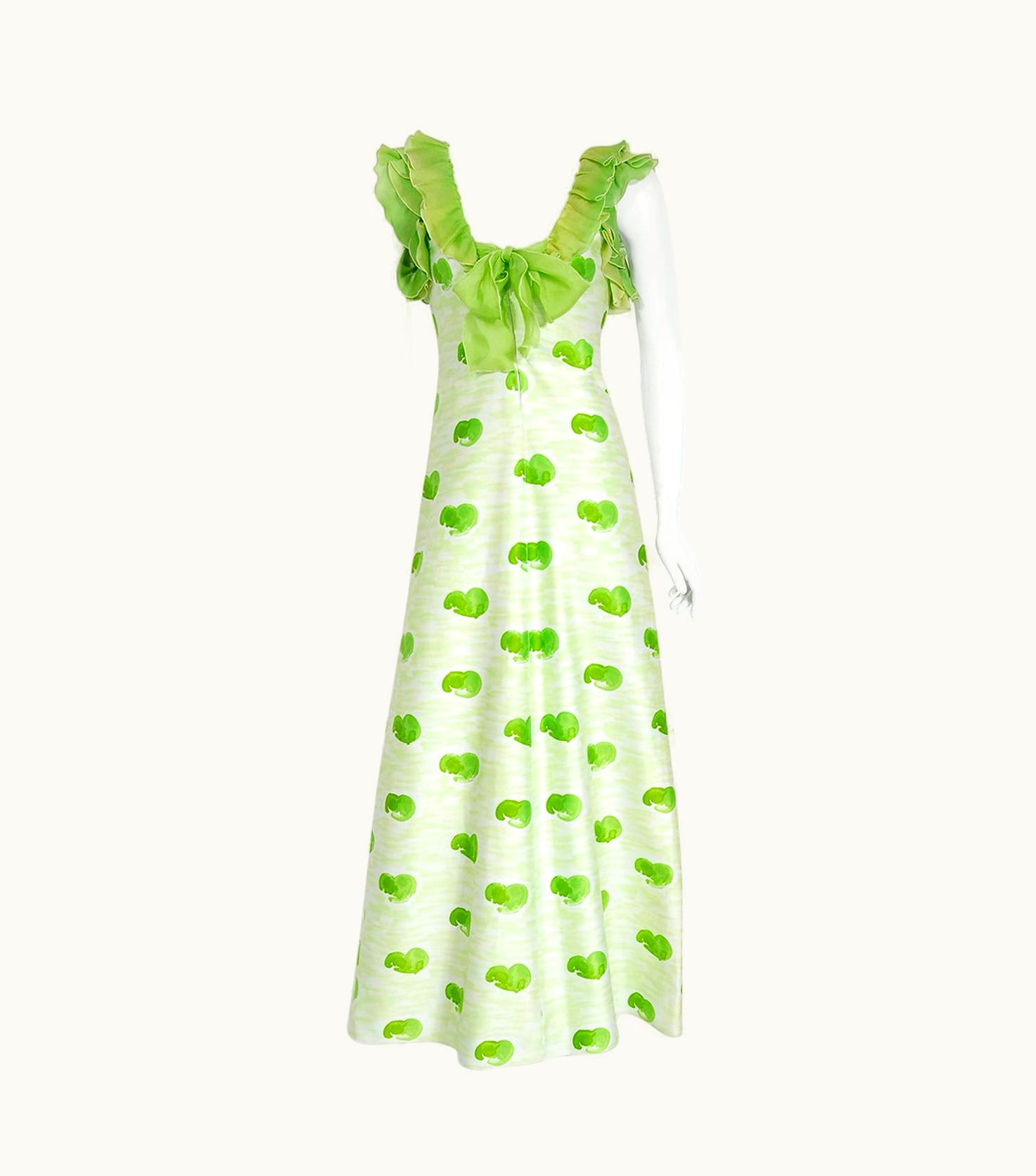 Courrèges Vintage 1974 Courrèges Documented Green Print Cotton & Ruffle Organza Maxi Dress