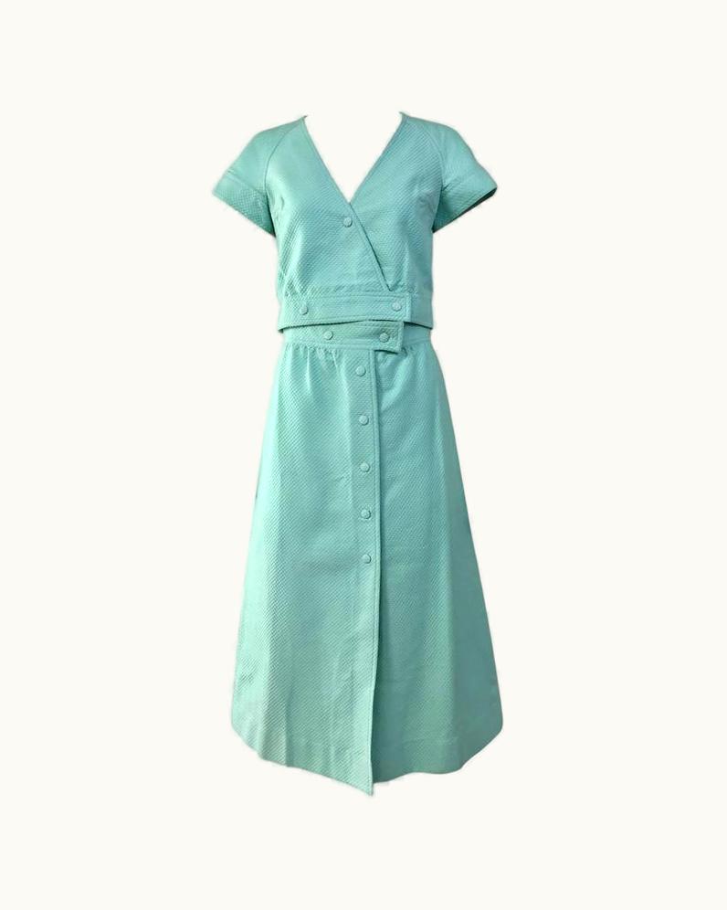 Courrèges 70s Courrèges Mint Green Cotton Crop Top And Midi Skirt Set